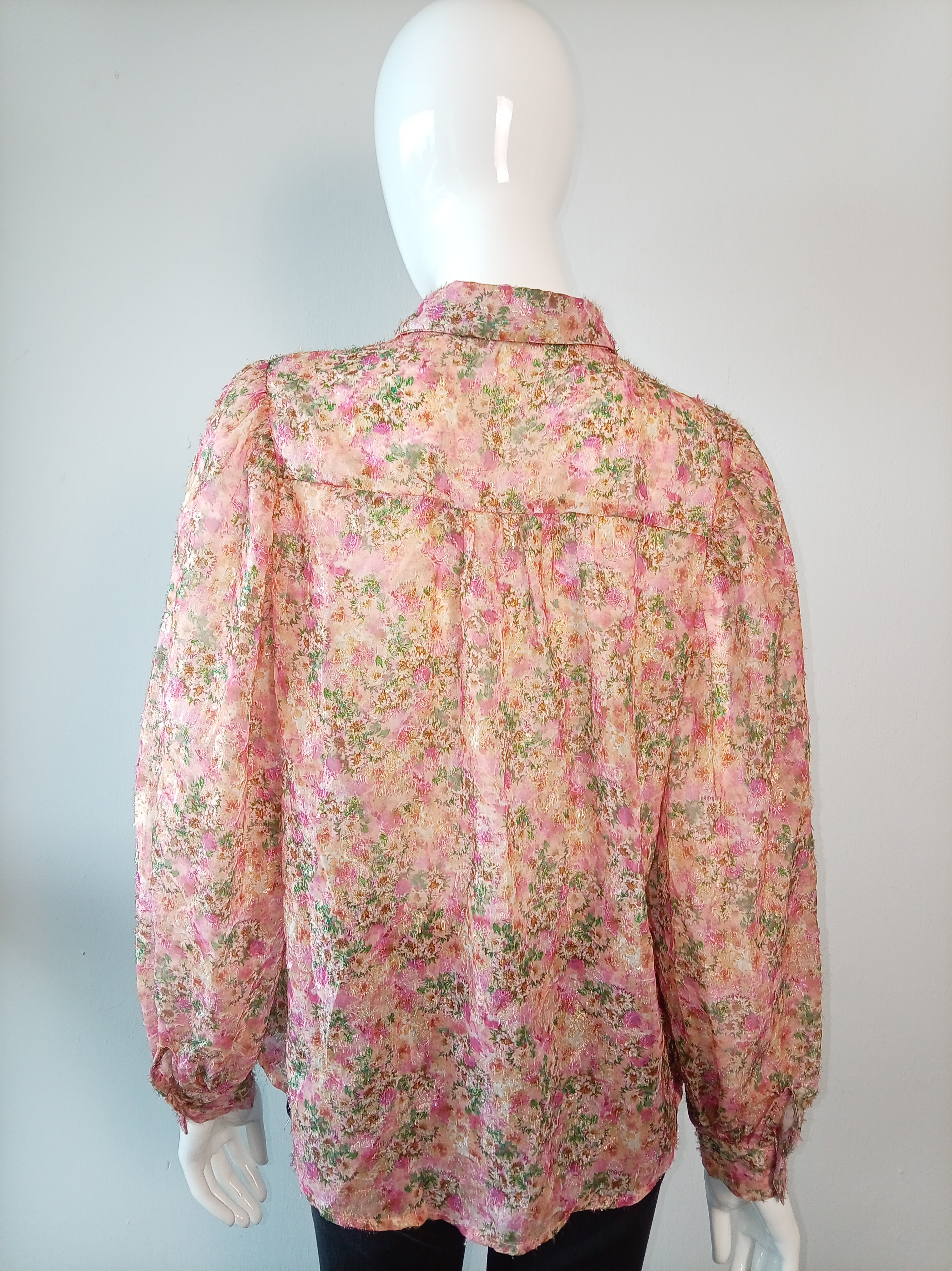 Vintage Inspired Pink Floral Shimmer Blouse | Puff Sleeve Sheer Top | Size M/L