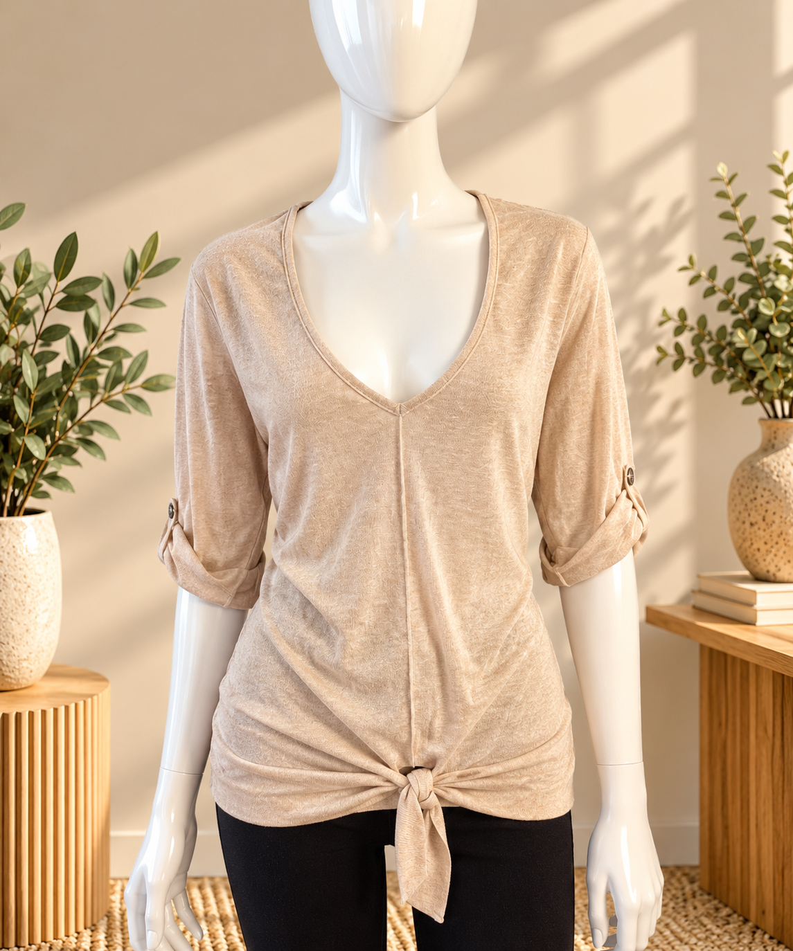 Marble Beige Tie Front V-Neck Top – BNWT Size S