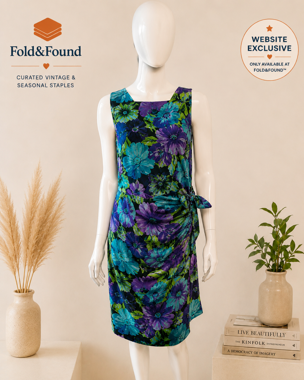 Vintage Josephine Walsh Abstract Floral Dress with Side Tie – UK 12/14