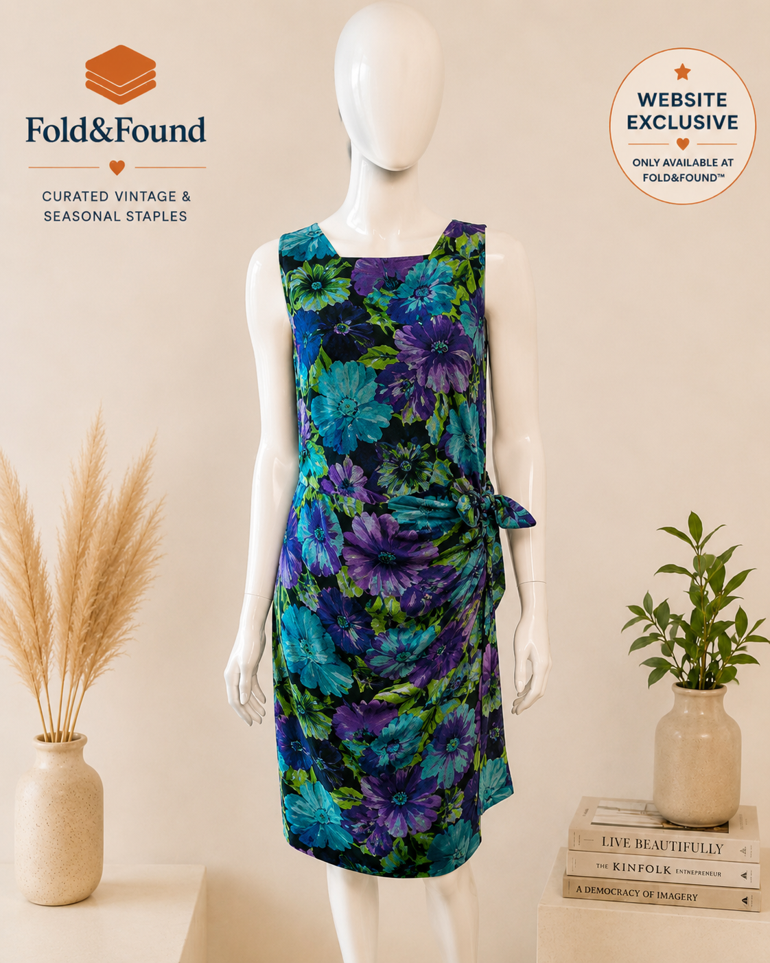 Vintage Josephine Walsh Abstract Floral Dress with Side Tie – UK 12/14