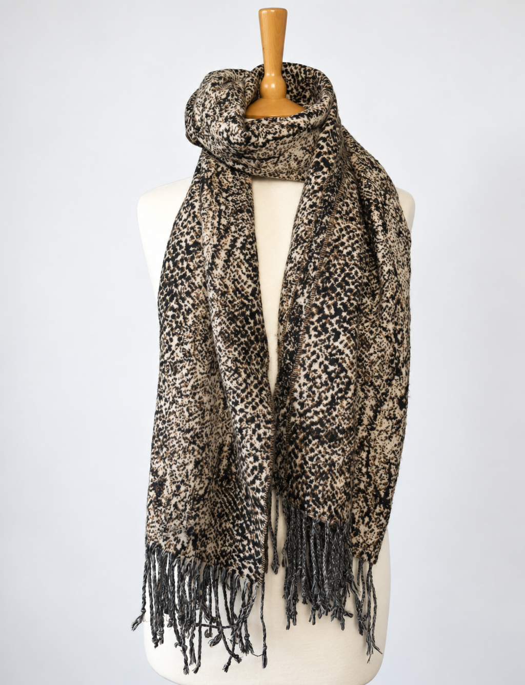 Snake Print Fringed Scarf Wrap – Black Beige Brown Animal Print