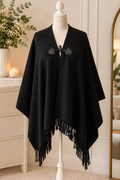 Next Black Knitted Cape Poncho with Toggle Fastening & Fringed Hem – One Size