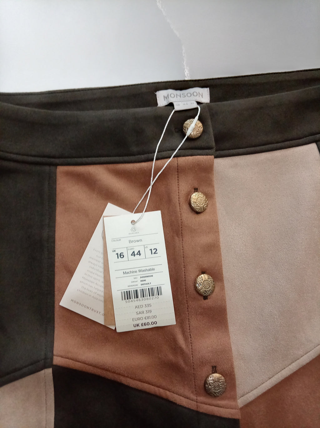 BNWT Monsoon Colour Block Faux Suede Mini Skirt UK 16 RRP £60 Retro Button Front