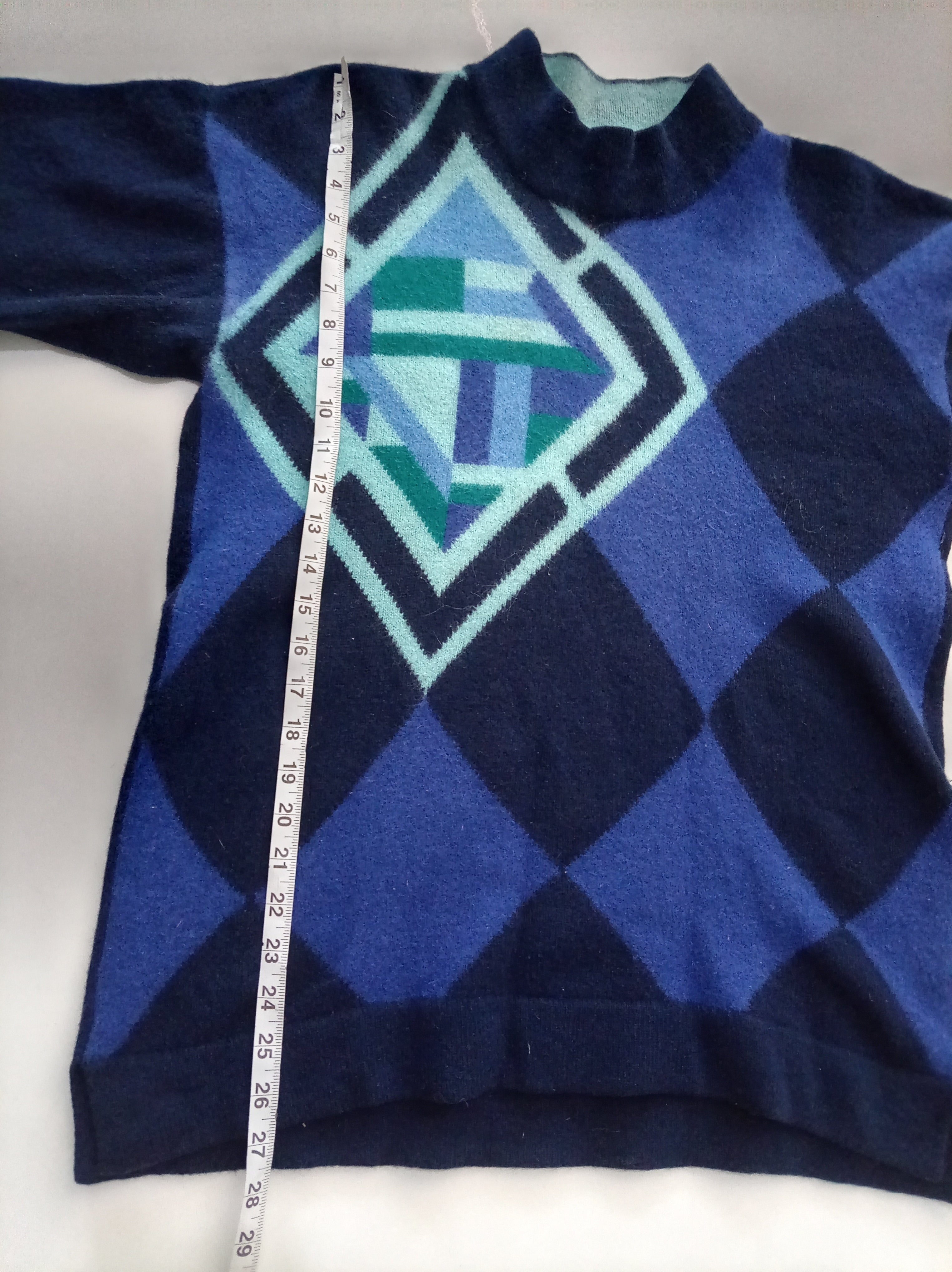 Vintage Betty Barclay Blue Geometric Lambswool & Angora Blend Jumper | UK 12-14