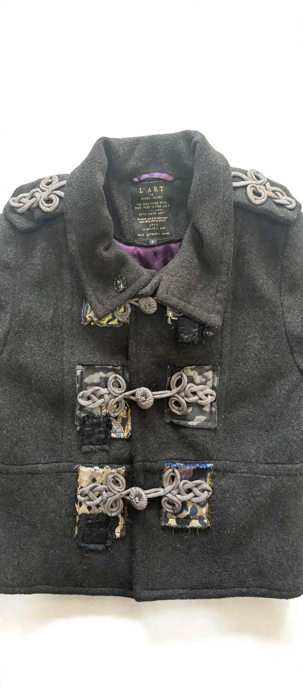 L’ART de River Island Charcoal Military Coat – Embroidered Frog Detail UK 8