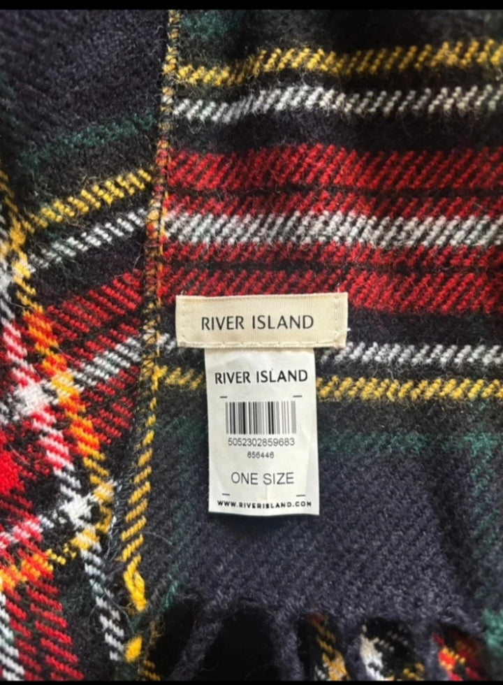 River Island Tartan Check Faux Fur Collar Blanket Cape Poncho – One Size