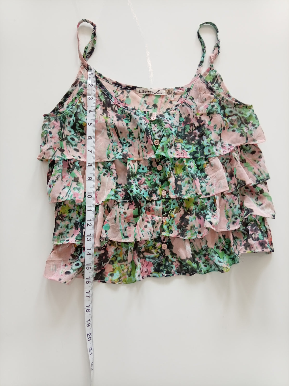 Liberty Love Pink Green Floral Tiered Ruffle Cami Top XS