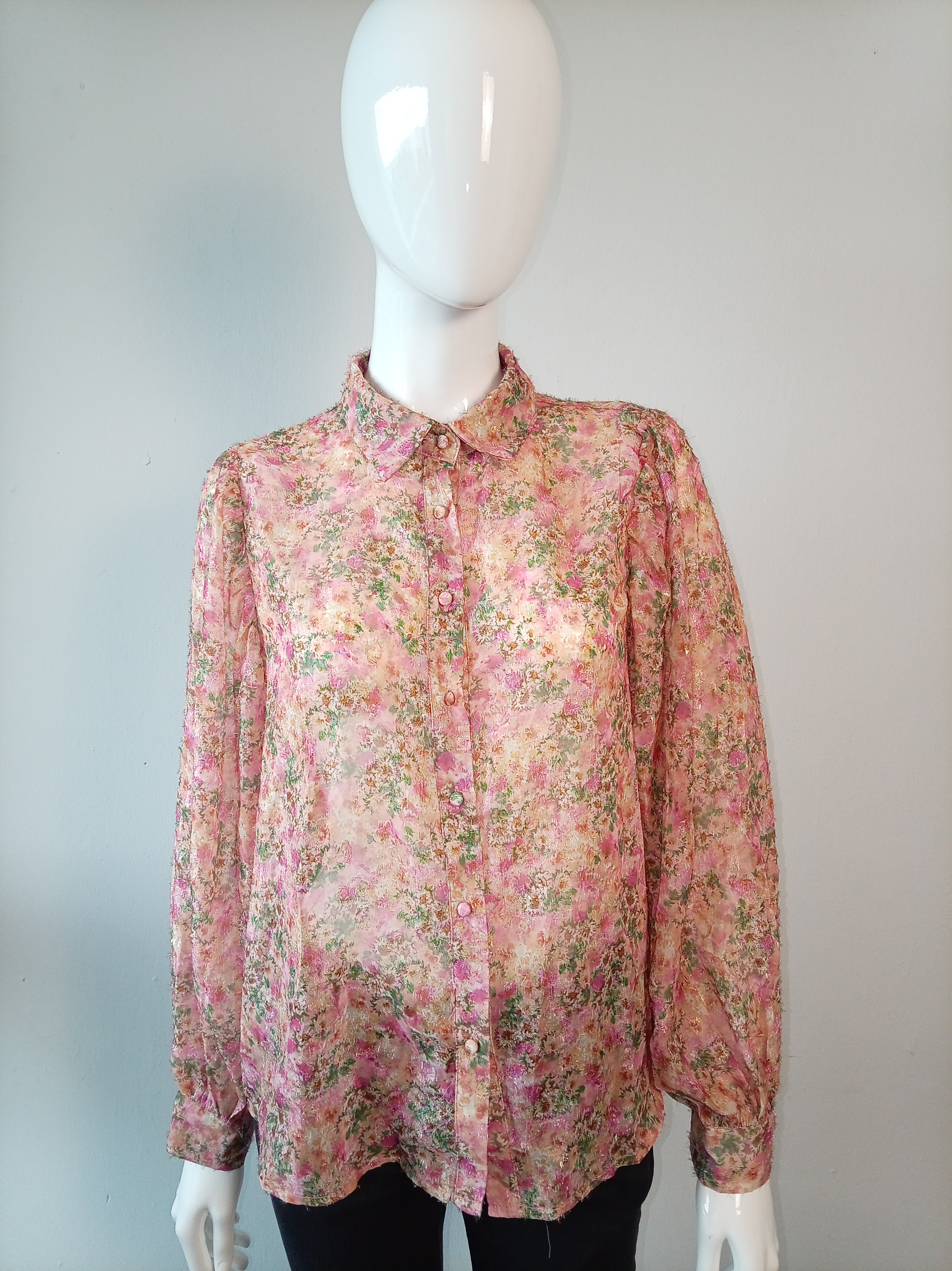 Vintage Inspired Pink Floral Shimmer Blouse | Puff Sleeve Sheer Top | Size M/L