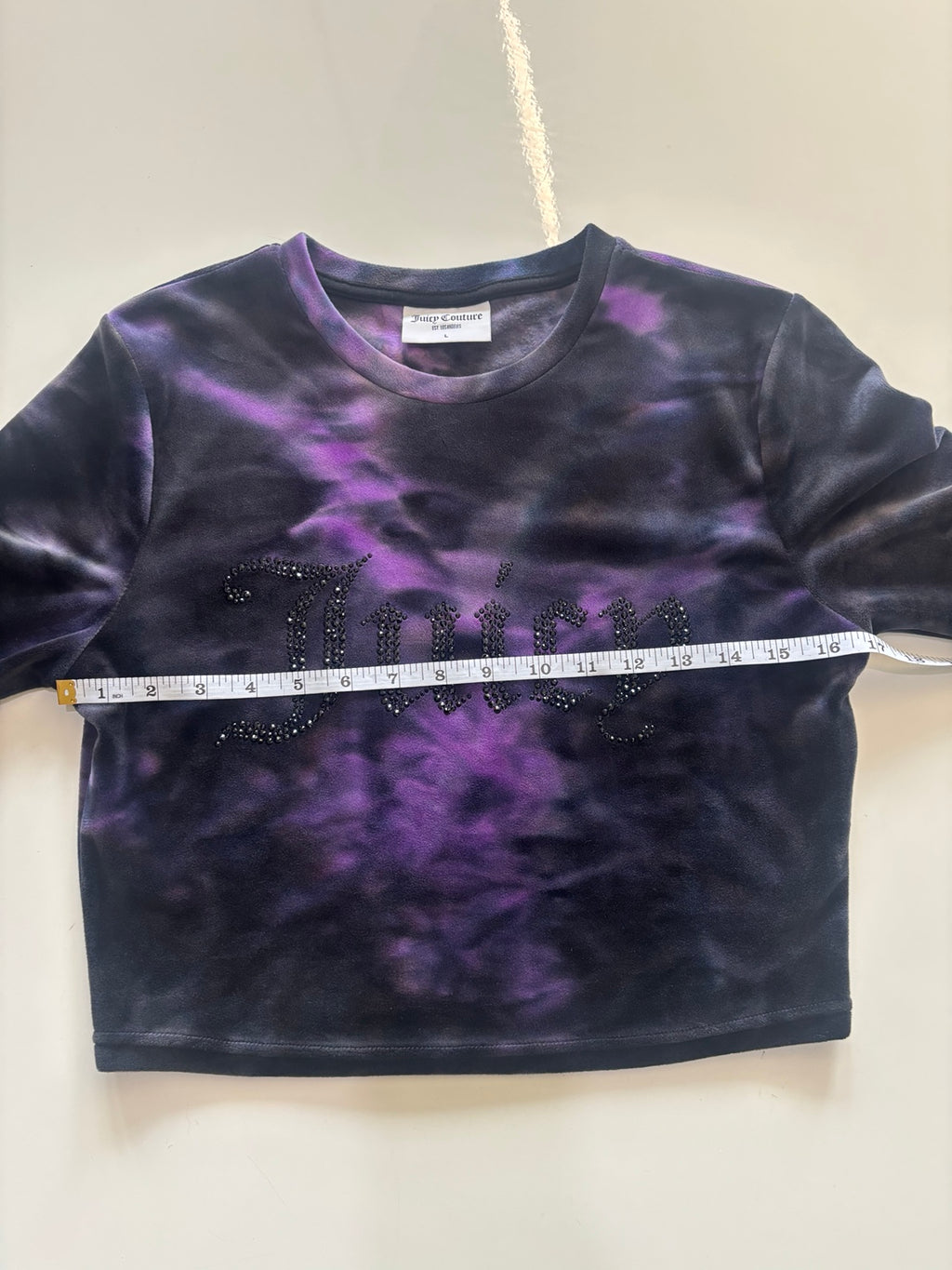 Juicy Couture Purple & Black Tie-Dye Velour Rhinestone Crop Top – Size L