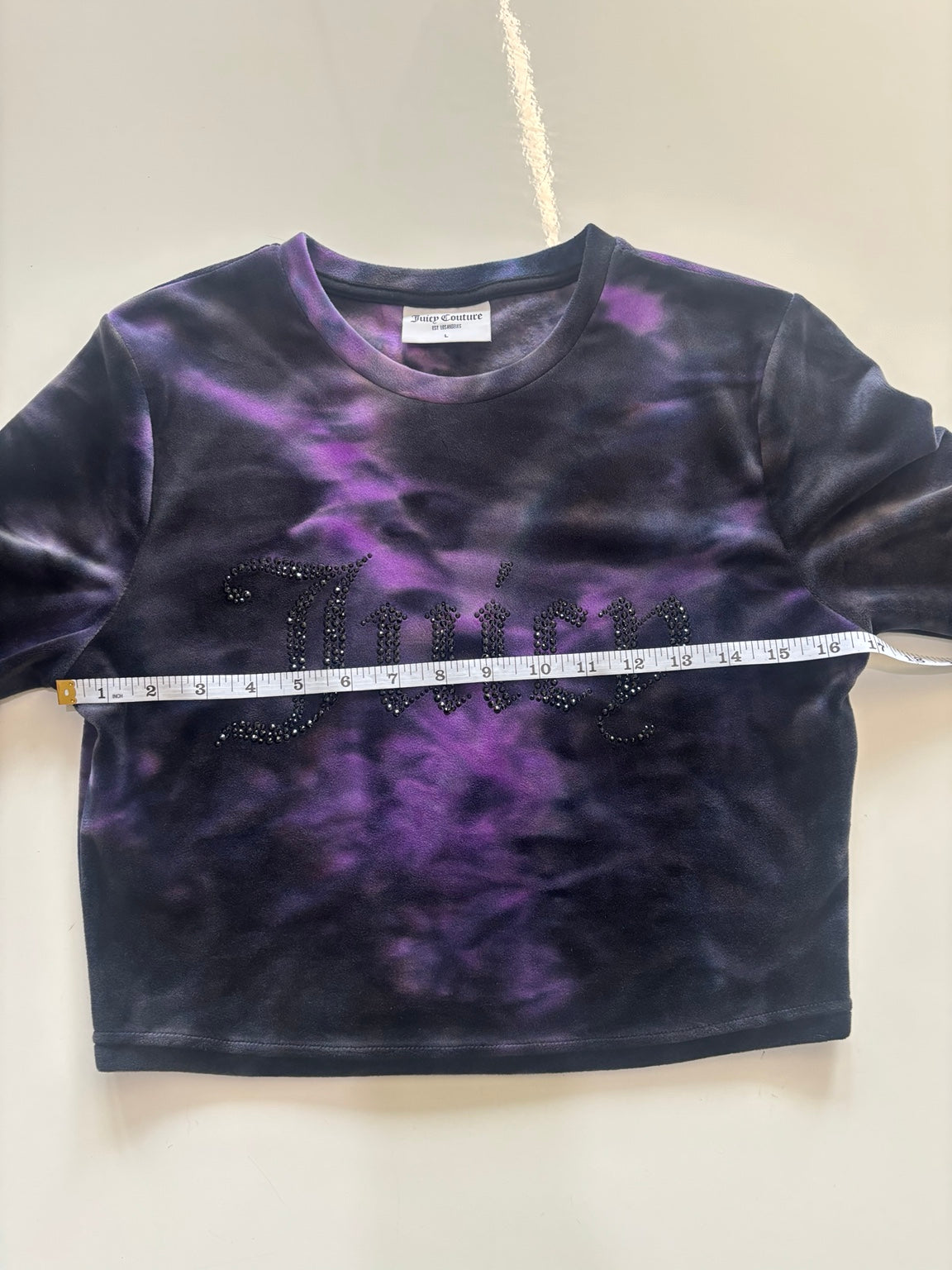 Juicy Couture Purple & Black Tie-Dye Velour Rhinestone Crop Top – Size L
