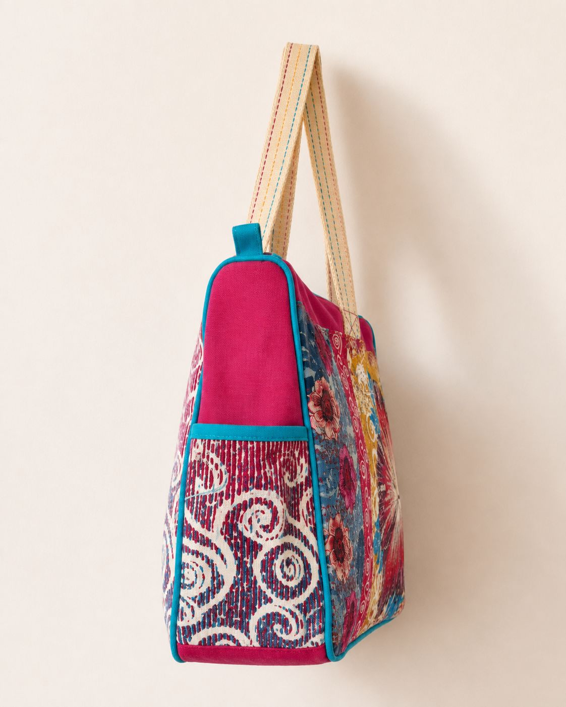 Megina Colourful Patchwork Tote Bag – Floral Boho Zip Top