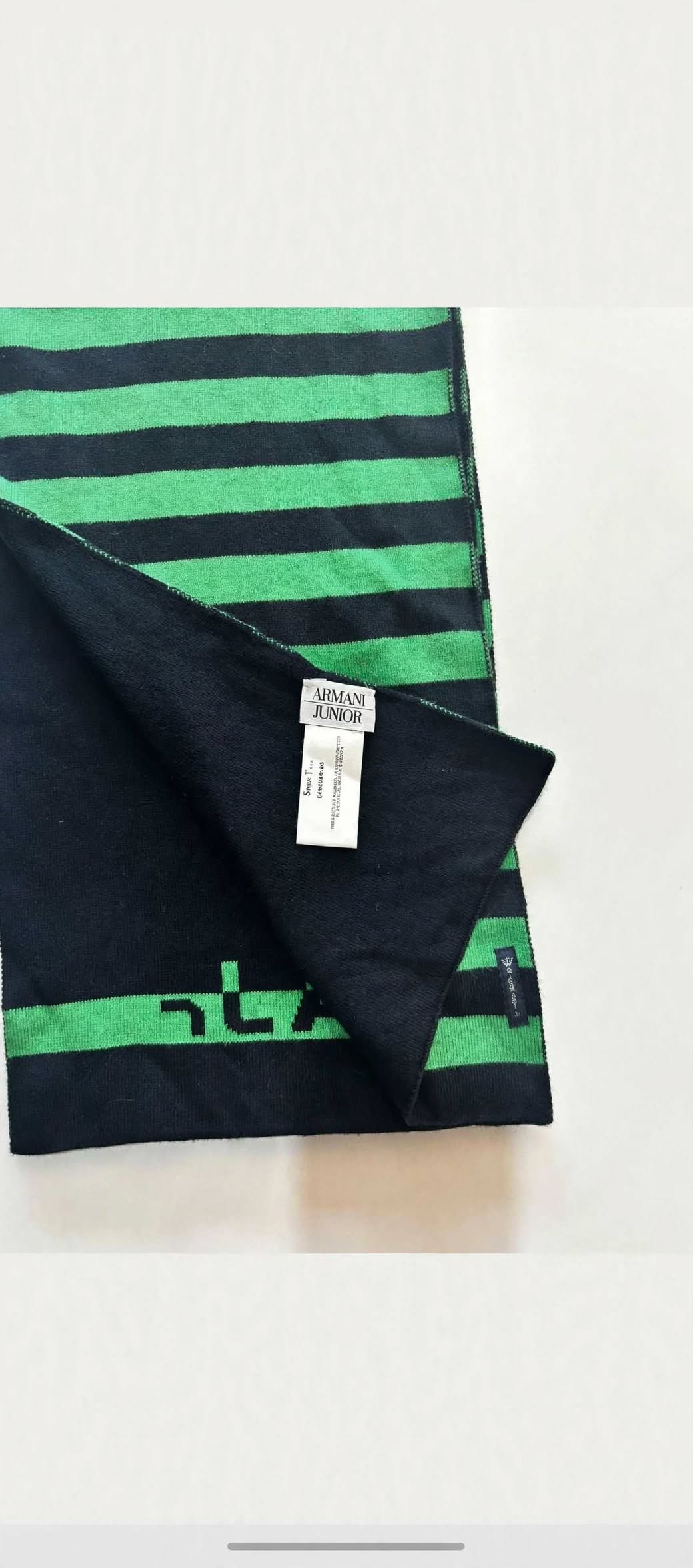 Armani Junior Emerald Green Navy Striped Wool Scarf — Made in Italy — AJ Logo — 100% Wool