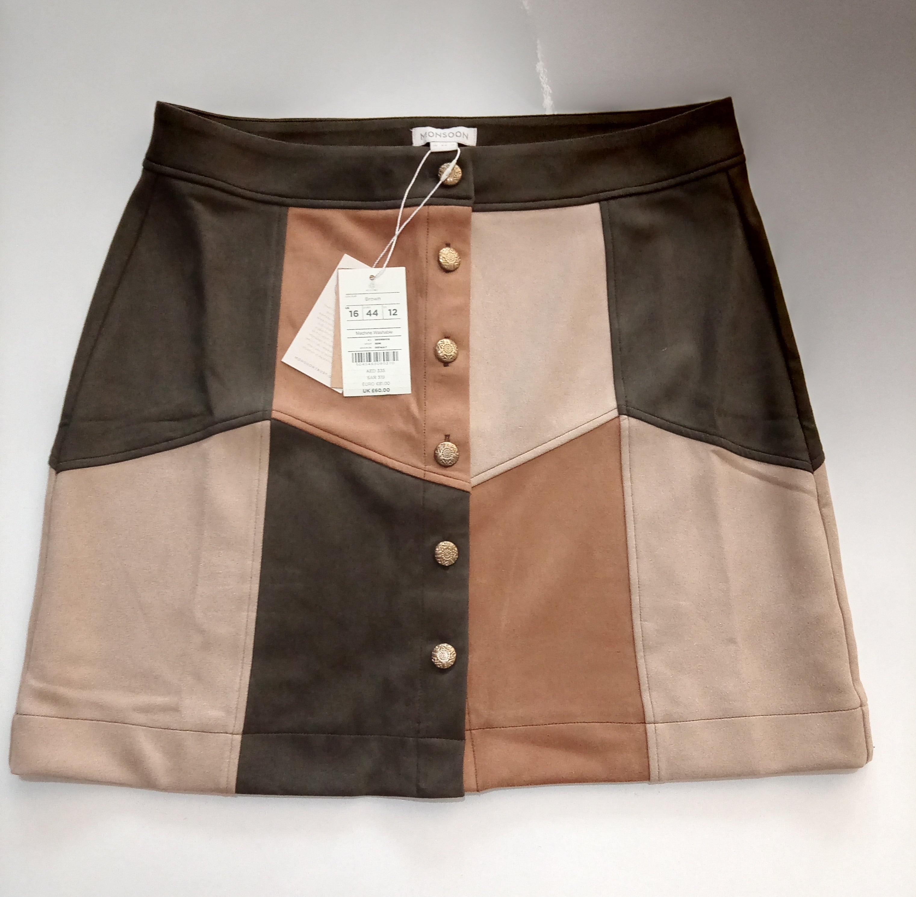 BNWT Monsoon Colour Block Faux Suede Mini Skirt UK 16 RRP £60 Retro Button Front