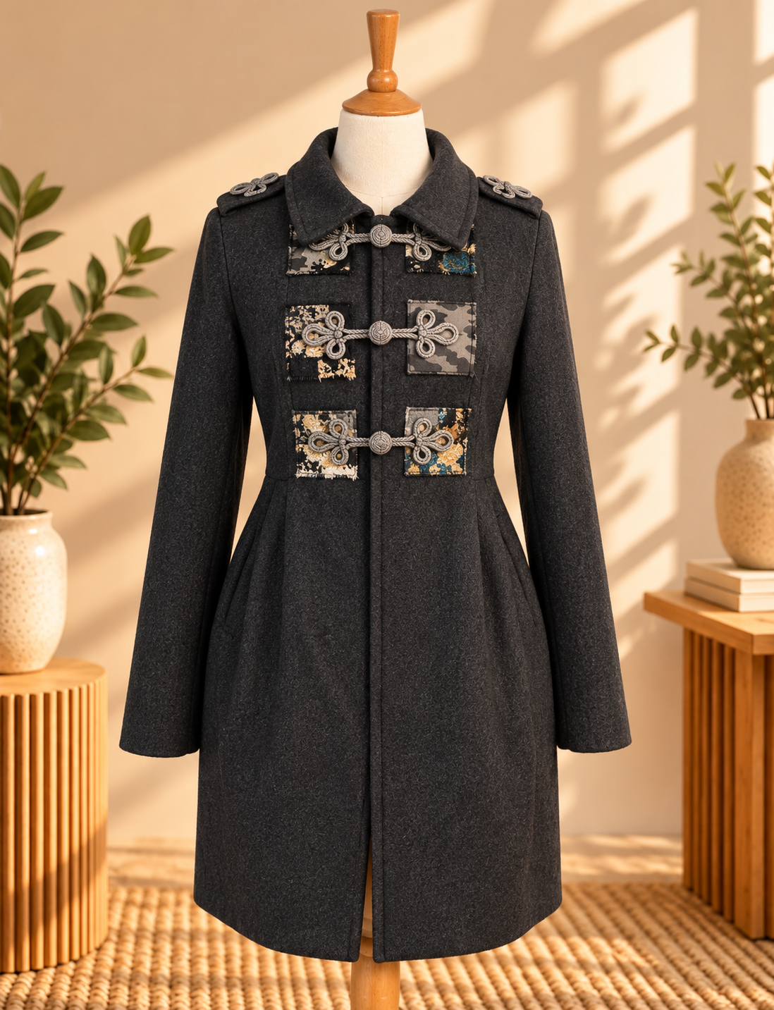 L’ART de River Island Charcoal Military Coat – Embroidered Frog Detail UK 8