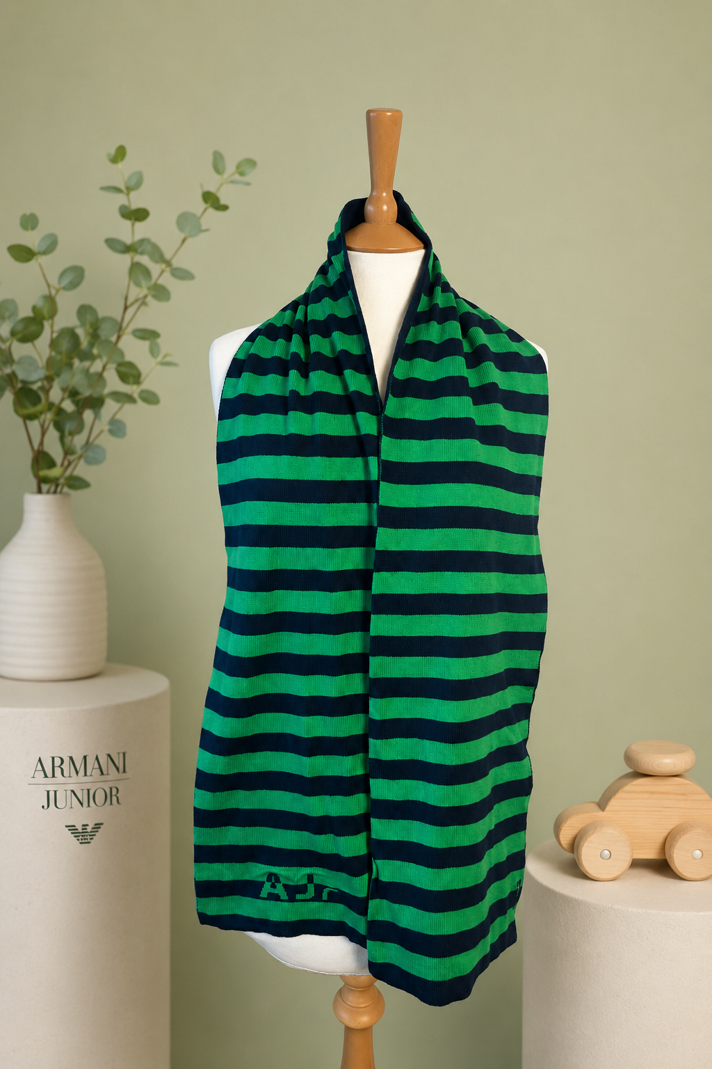 Armani Junior Emerald Green Navy Striped Wool Scarf — Made in Italy — AJ Logo — 100% Wool