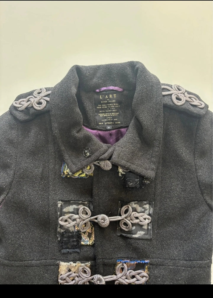 L’ART de River Island Charcoal Military Coat – Embroidered Frog Detail UK 8