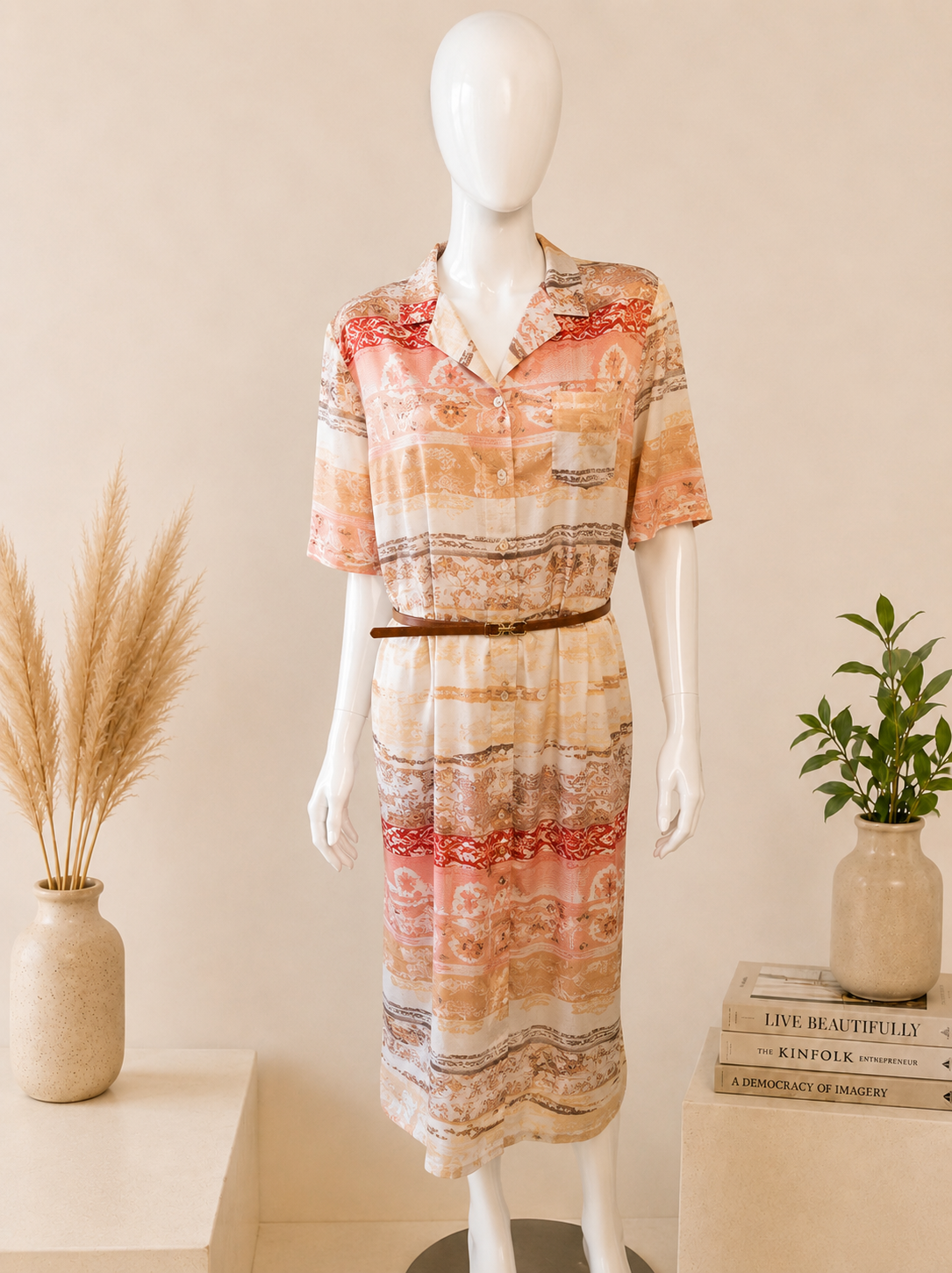 Vintage Coutureline Paris Abstract Print Belted Midi Dress – Size 52 (UK 22-24)