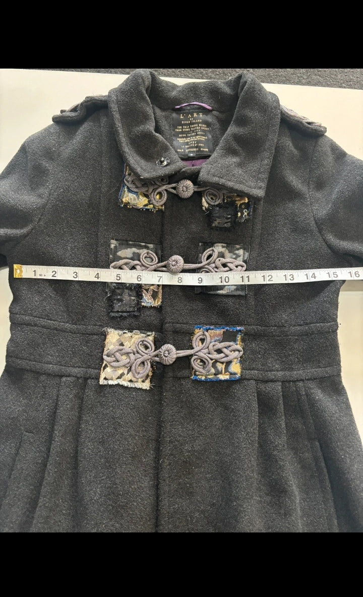 L’ART de River Island Charcoal Military Coat – Embroidered Frog Detail UK 8