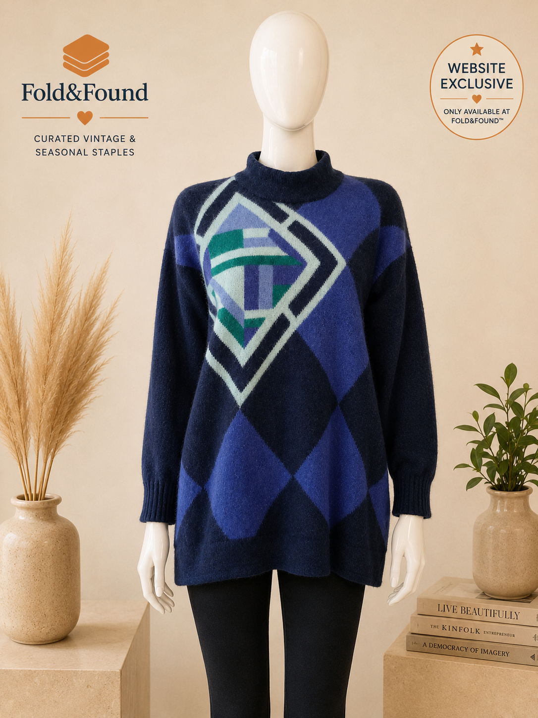 Vintage Betty Barclay Blue Geometric Lambswool & Angora Blend Jumper | UK 12-14