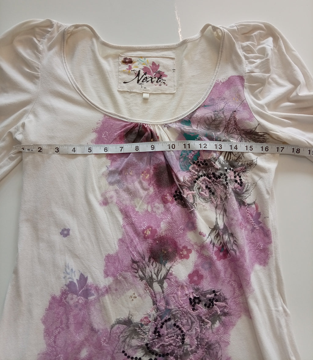 Vintage Next Cream Floral Puff Sleeve Top | UK 12