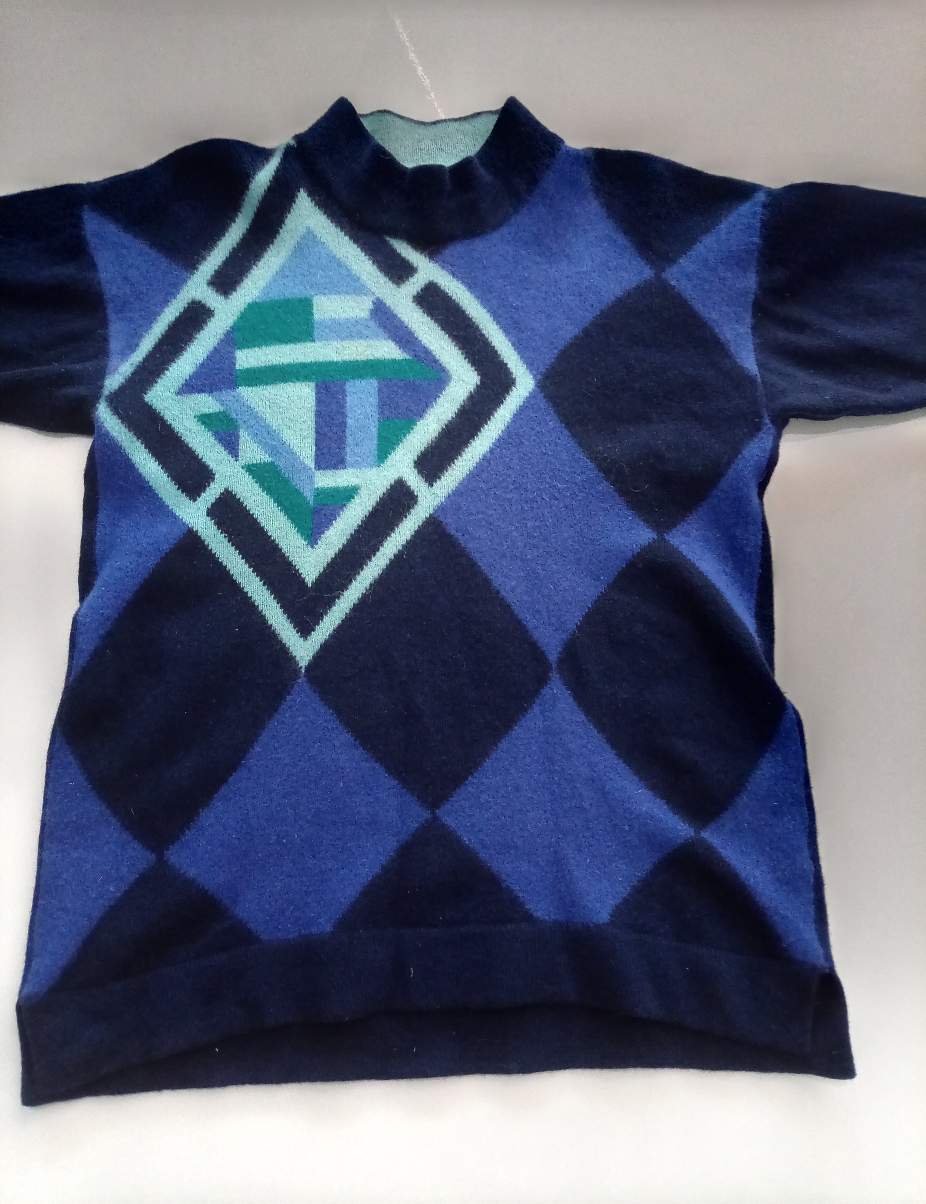Vintage Betty Barclay Blue Geometric Lambswool & Angora Blend Jumper | UK 12-14