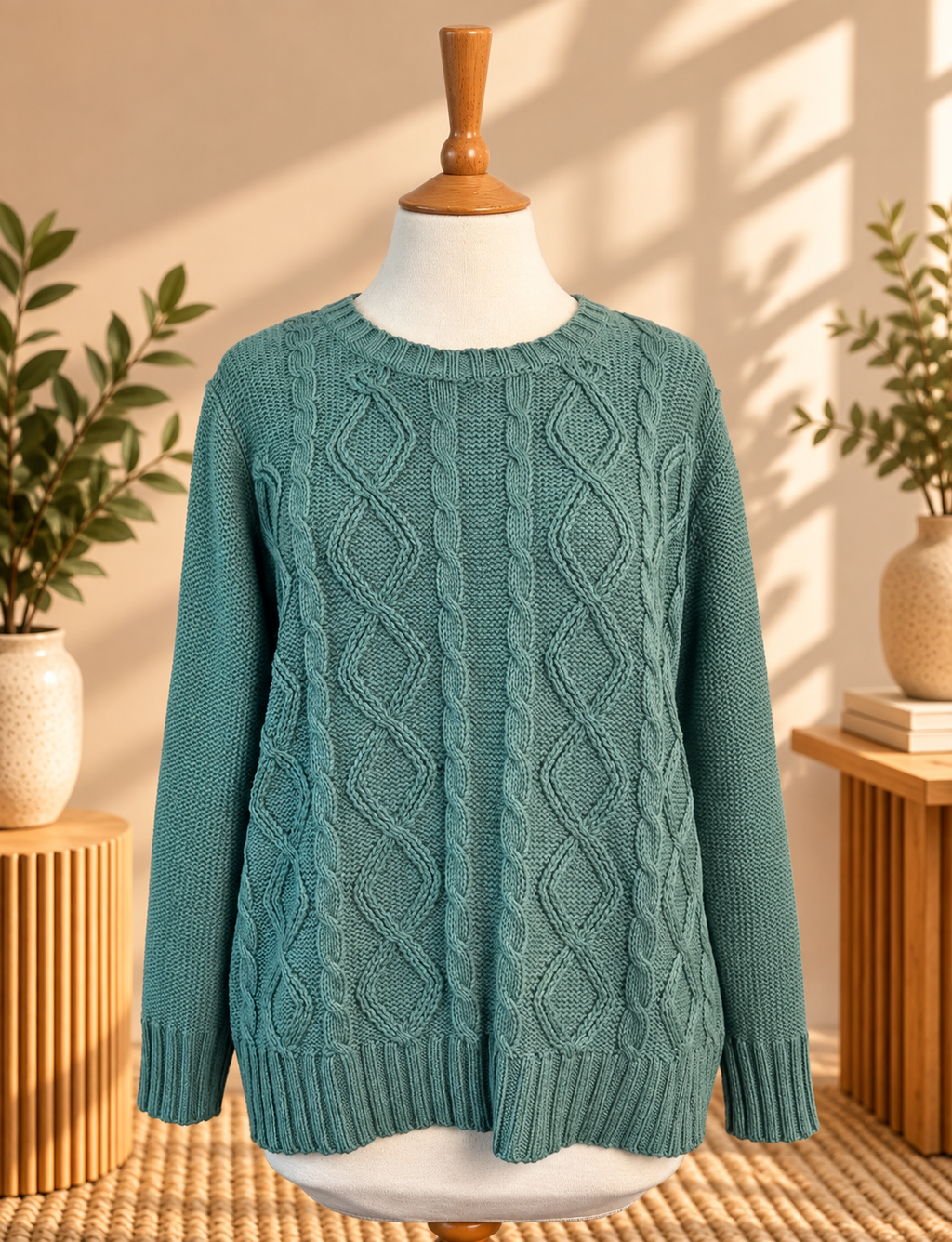 Bm Sage Green Cable Knit Jumper – Relaxed Fit Size S