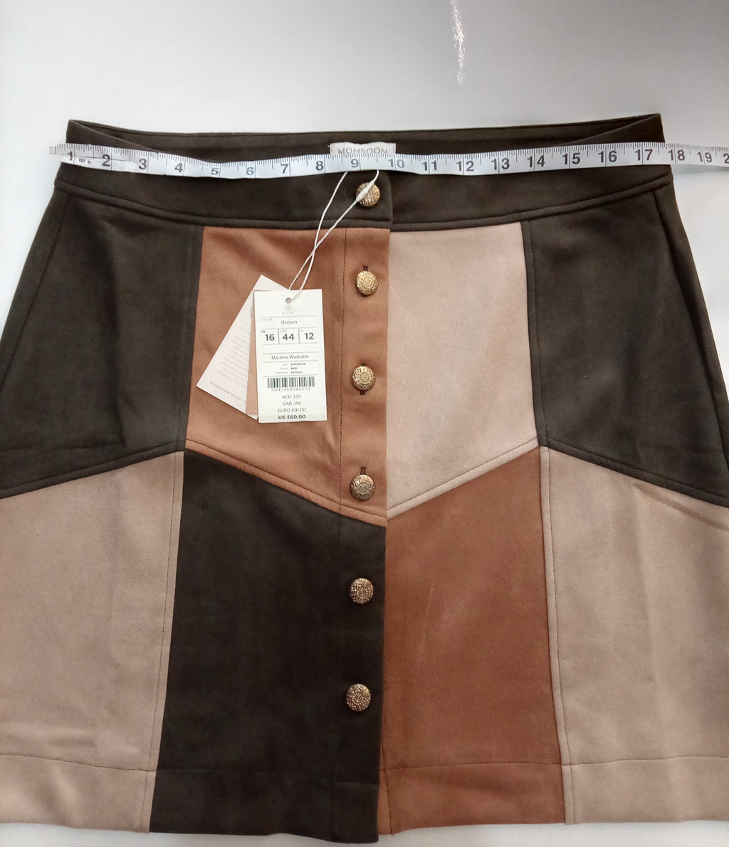 BNWT Monsoon Colour Block Faux Suede Mini Skirt UK 16 RRP £60 Retro Button Front