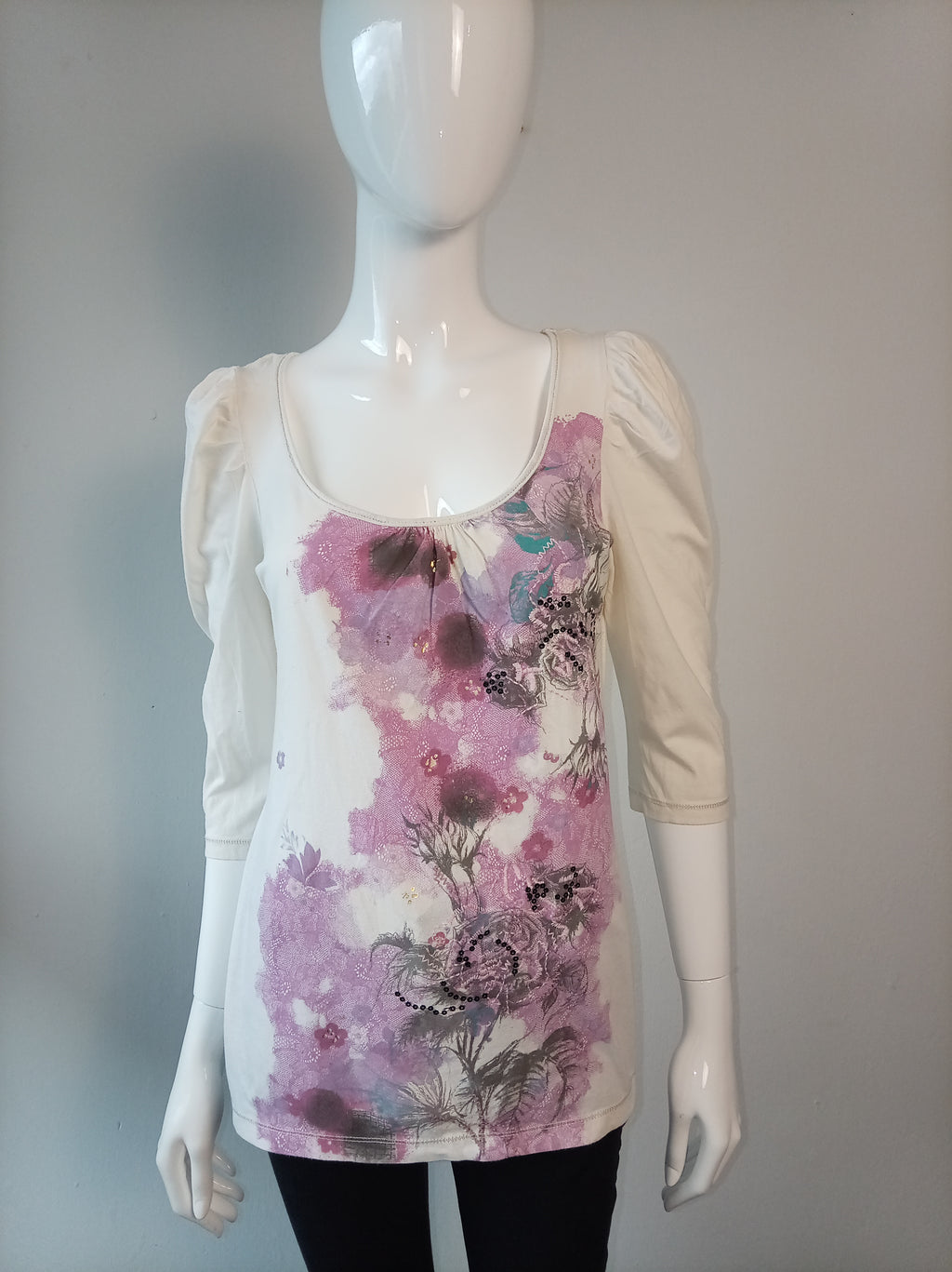 Vintage Next Cream Floral Puff Sleeve Top | UK 12
