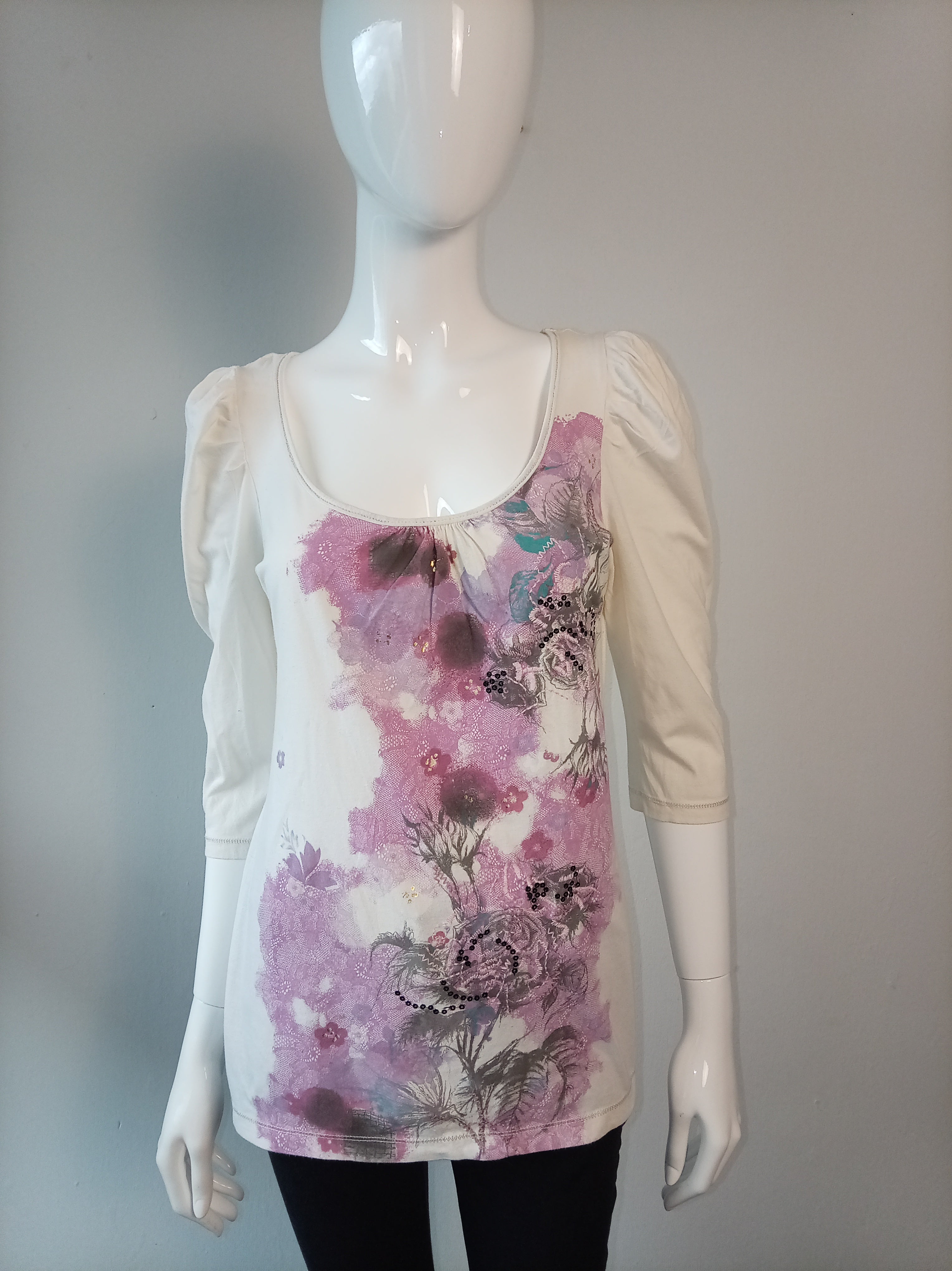 Vintage Next Cream Floral Puff Sleeve Top | UK 12