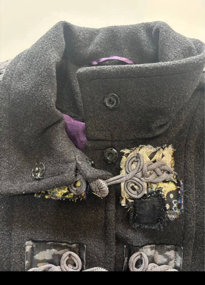 L’ART de River Island Charcoal Military Coat – Embroidered Frog Detail UK 8