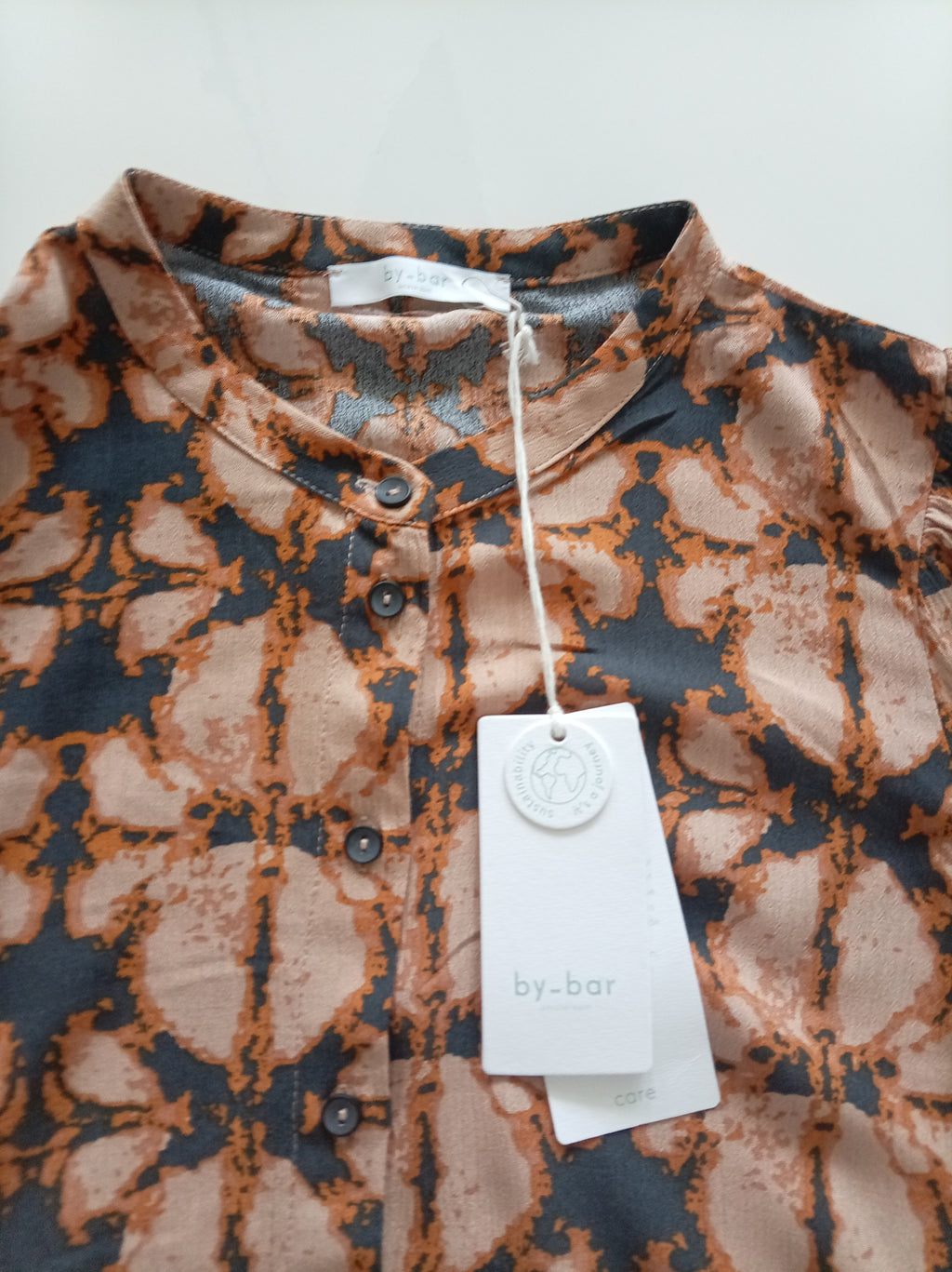 BNWT By-Bar Girls Rikki Batik Blouse | Peach & Charcoal Print | Size 14