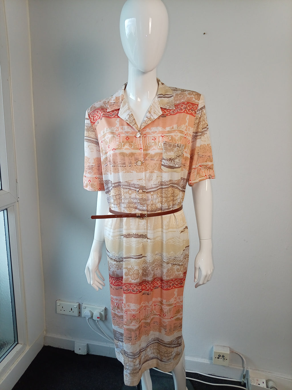 Vintage Coutureline Paris Abstract Print Belted Midi Dress – Size 52 (UK 22-24)