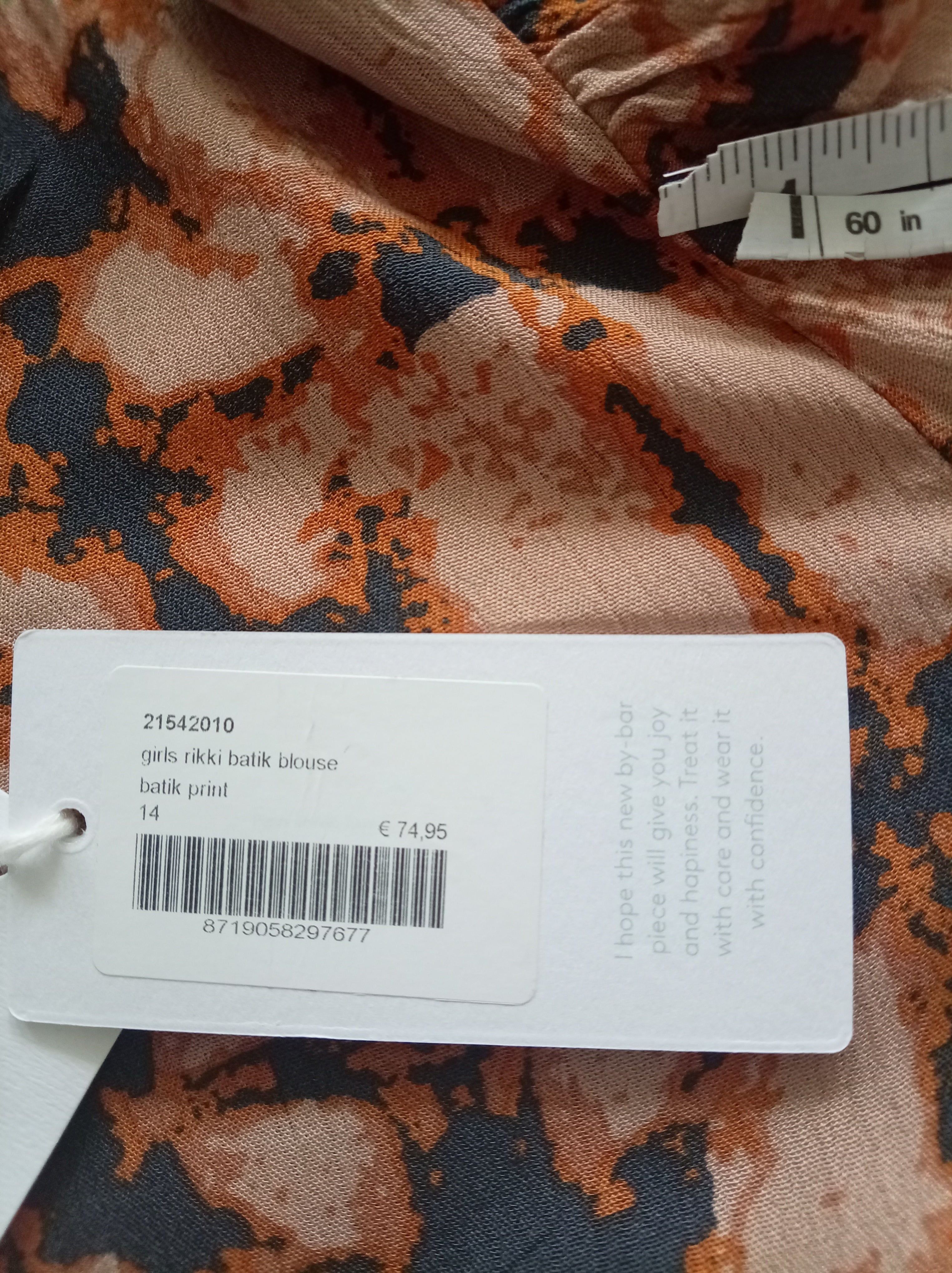 BNWT By-Bar Girls Rikki Batik Blouse | Peach & Charcoal Print | Size 14