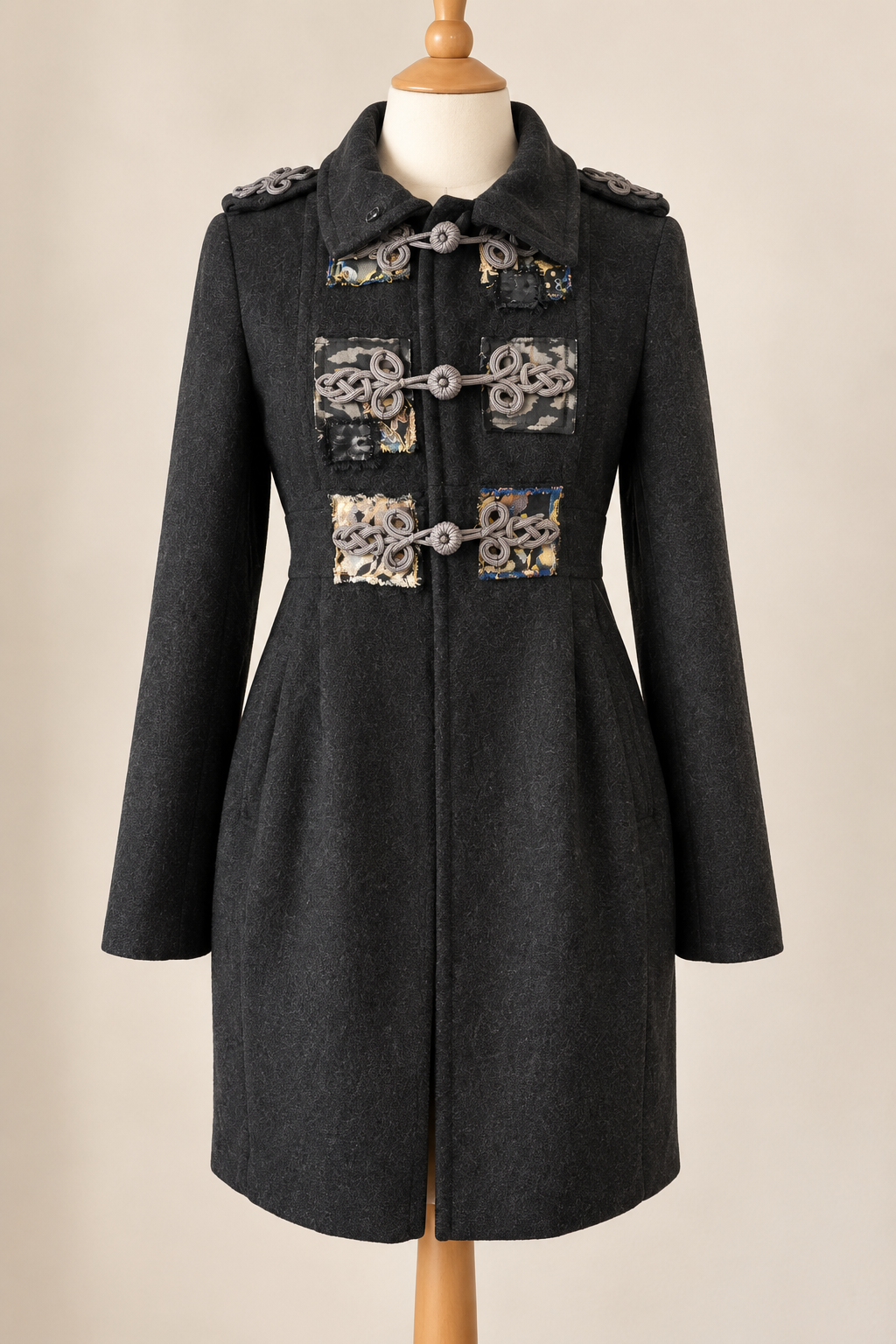 L’ART de River Island Charcoal Military Coat – Embroidered Frog Detail UK 8