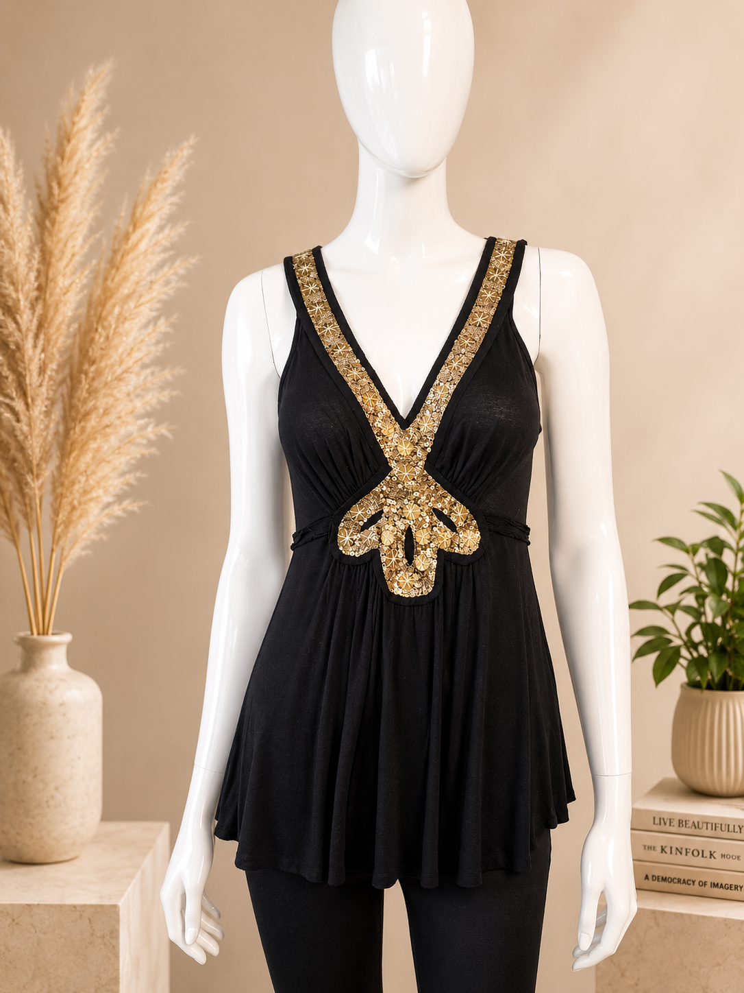 Sandra Andrelozzi Black Embellished Modal Tunic Top – Size M