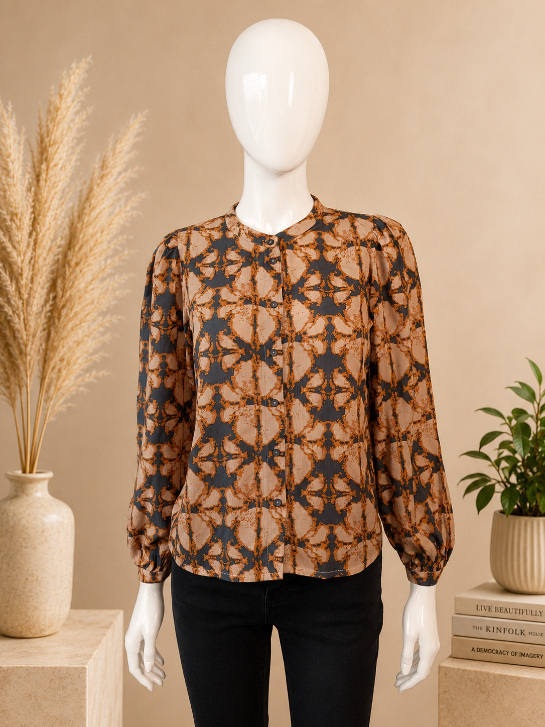 BNWT By-Bar Girls Rikki Batik Blouse | Peach & Charcoal Print | Size 14