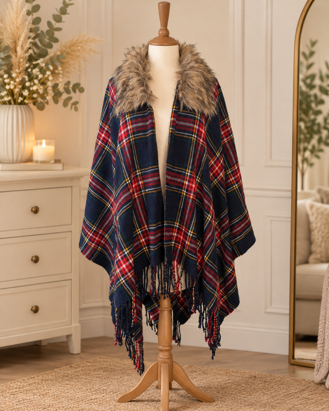 River Island Tartan Check Faux Fur Collar Blanket Cape Poncho – One Size