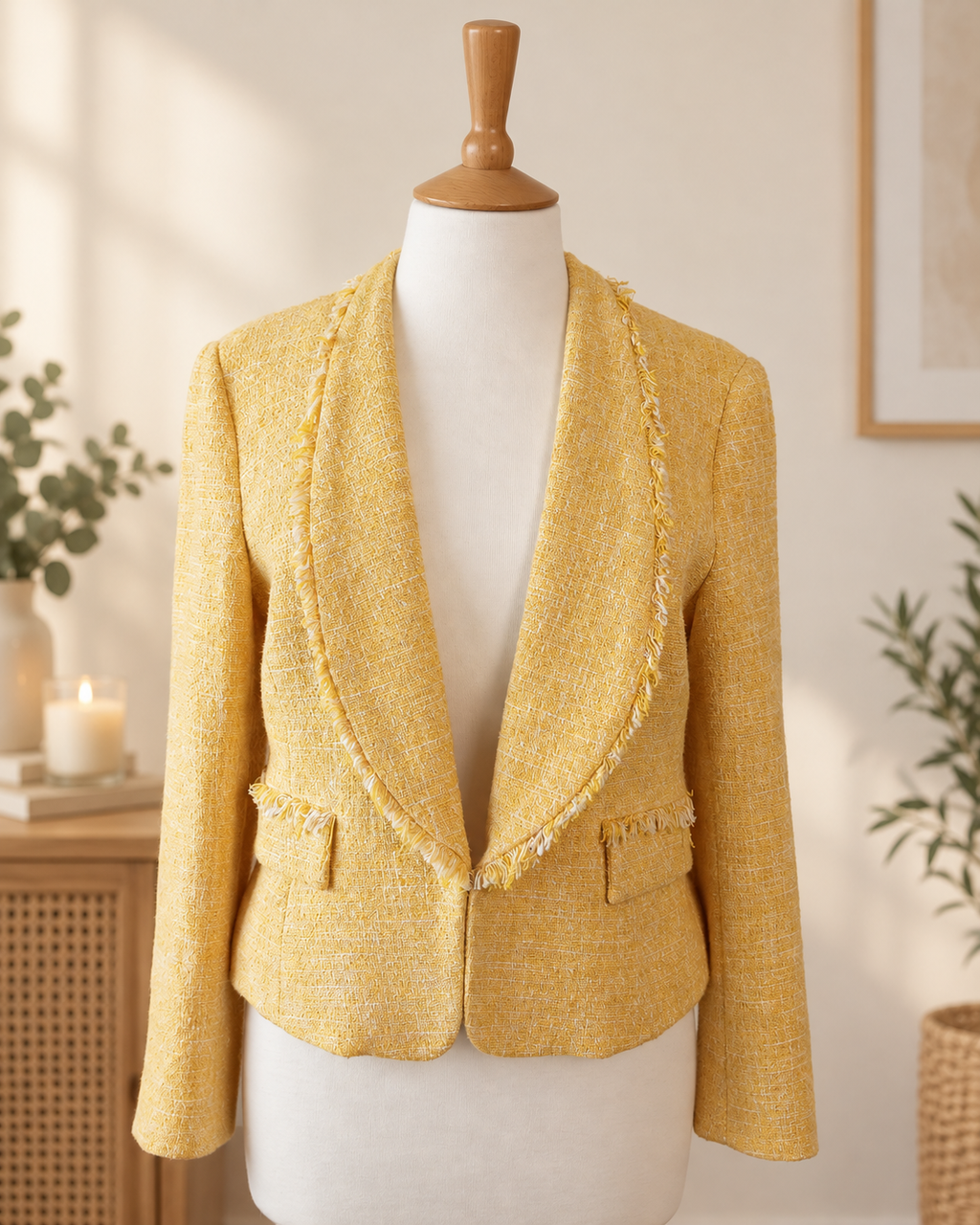 Zara Yellow Bouclé Blazer – Frayed Trim Structured Jacket Size L (UK 16–18)