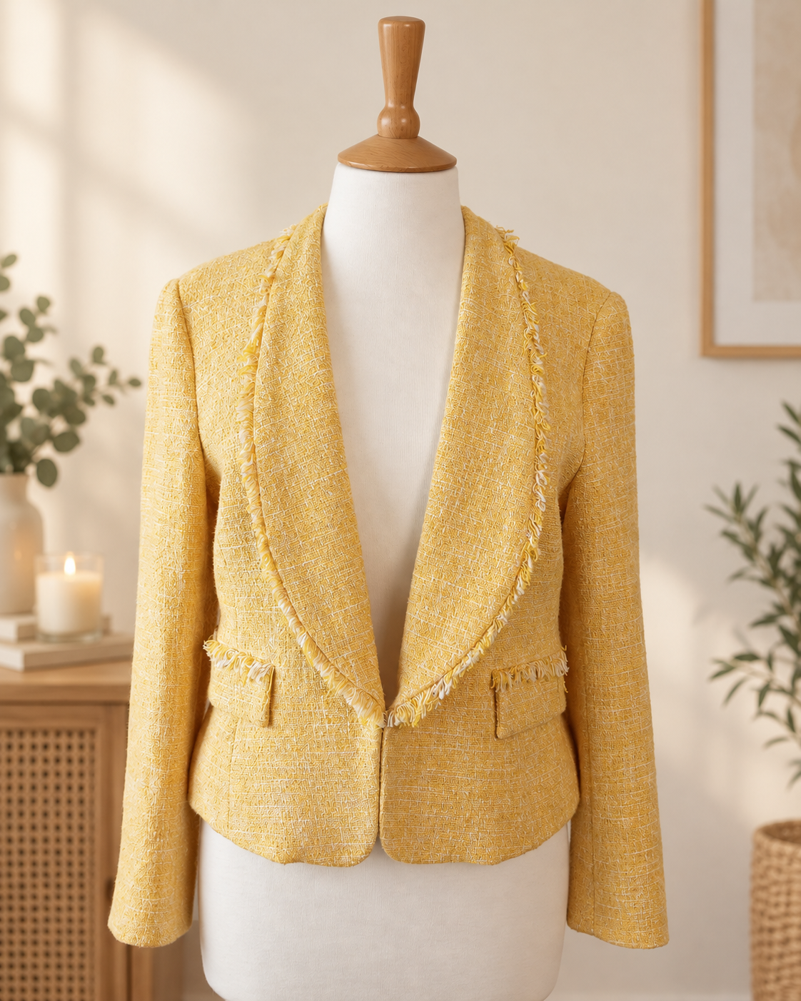 Zara Yellow Bouclé Blazer – Frayed Trim Structured Jacket Size L (UK 16–18)