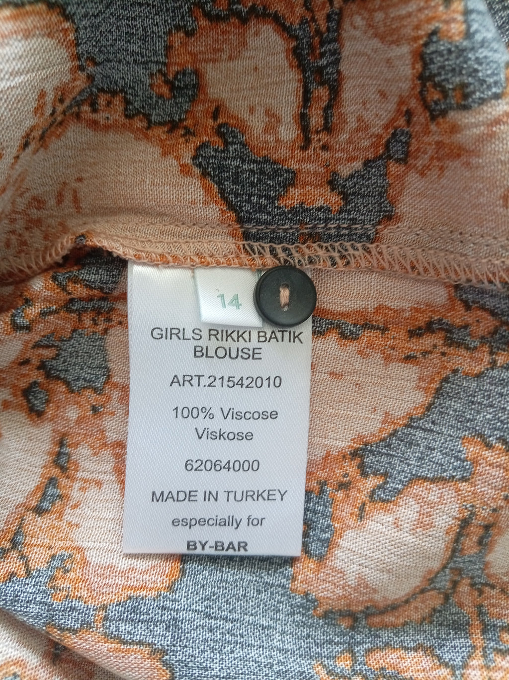 BNWT By-Bar Girls Rikki Batik Blouse | Peach & Charcoal Print | Size 14