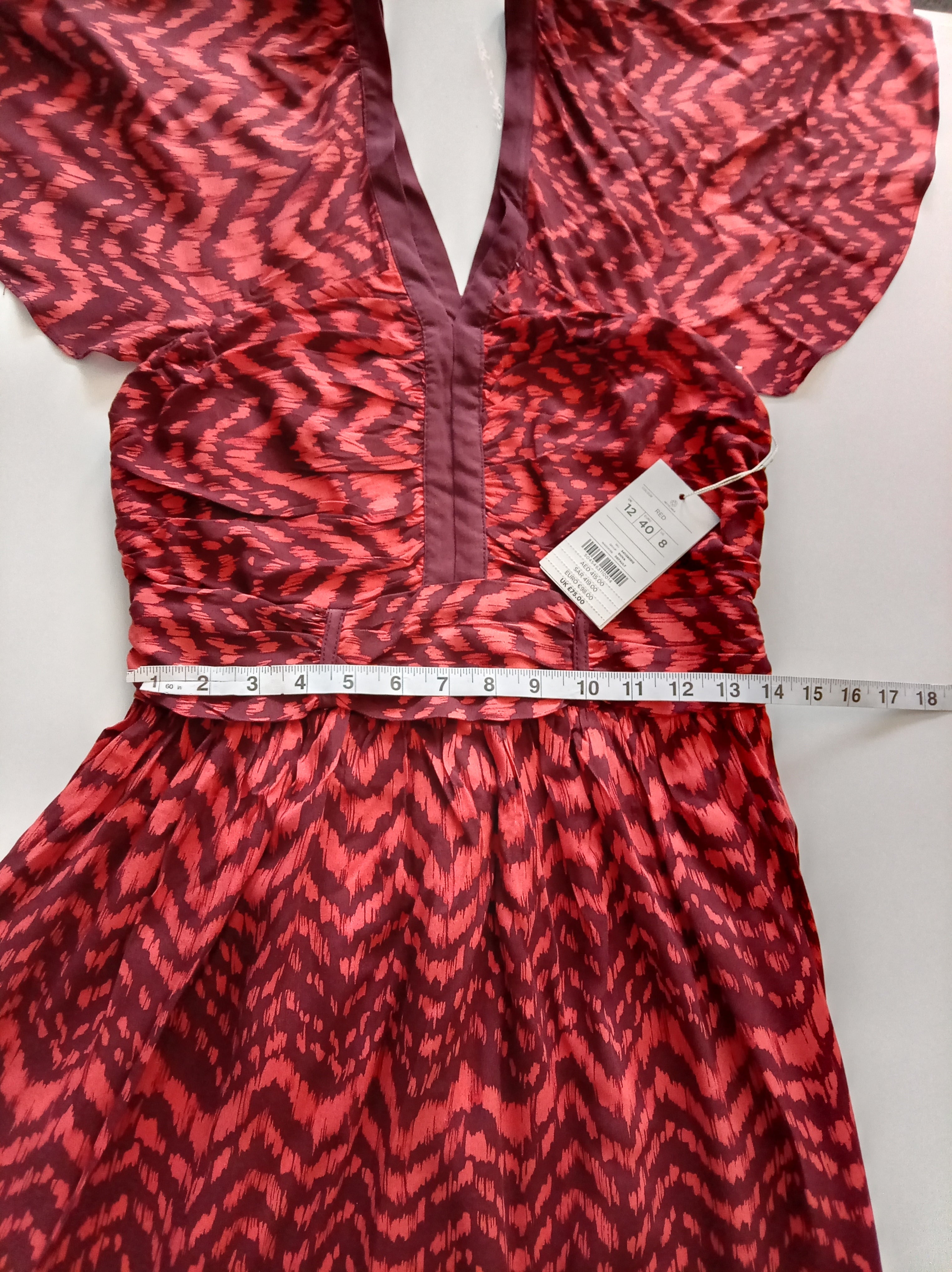 Red Abstract Print Midi Dress UK 12 BNWT Flutter Sleeve Occasion Dress