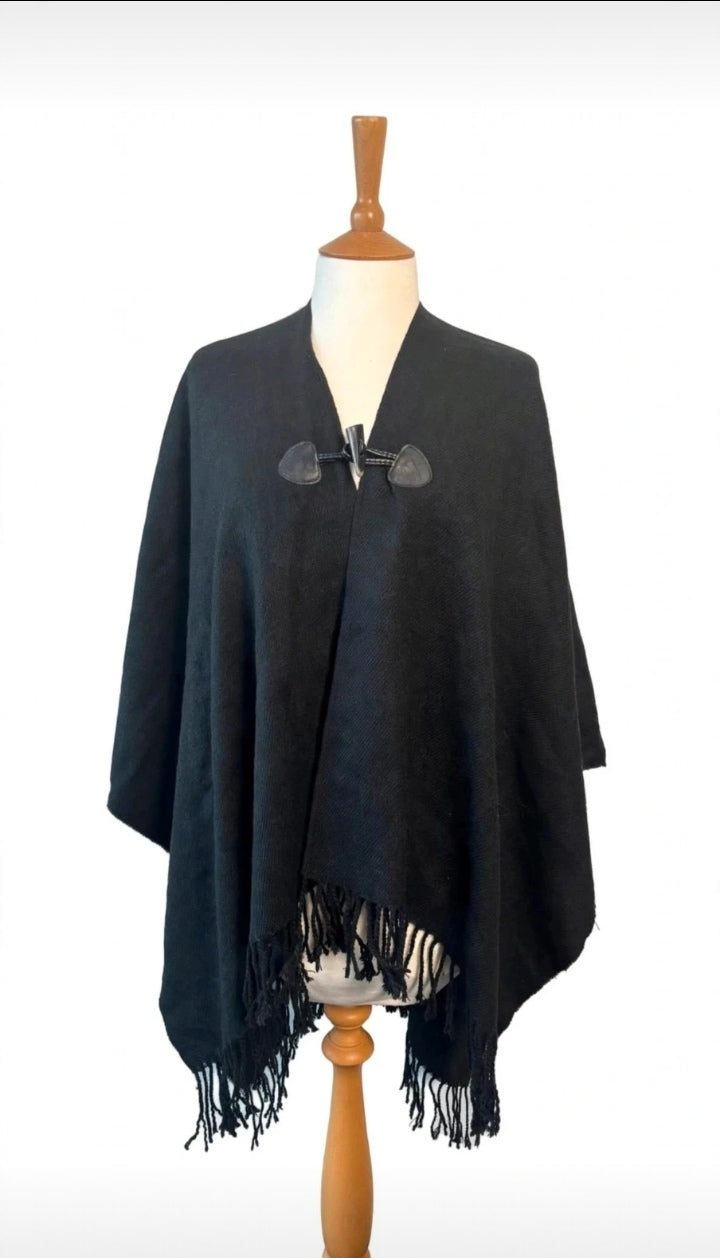Next Black Knitted Cape Poncho with Toggle Fastening & Fringed Hem – One Size
