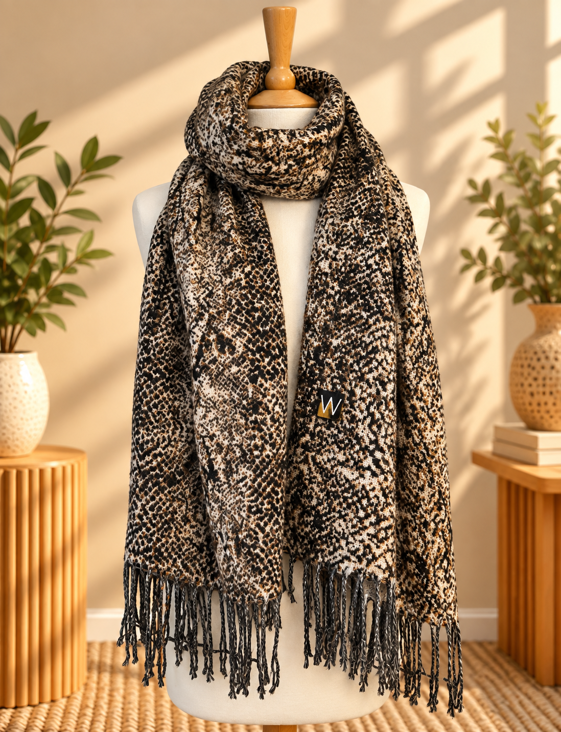 Snake Print Fringed Scarf Wrap – Black Beige Brown Animal Print