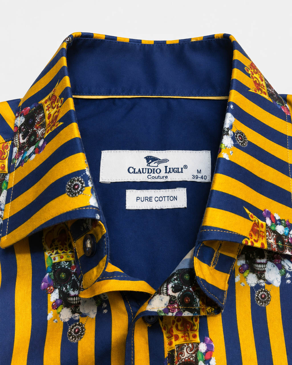 Claudio Lugli Couture Crowned Skull Stripe Cotton Shirt – Men’s M