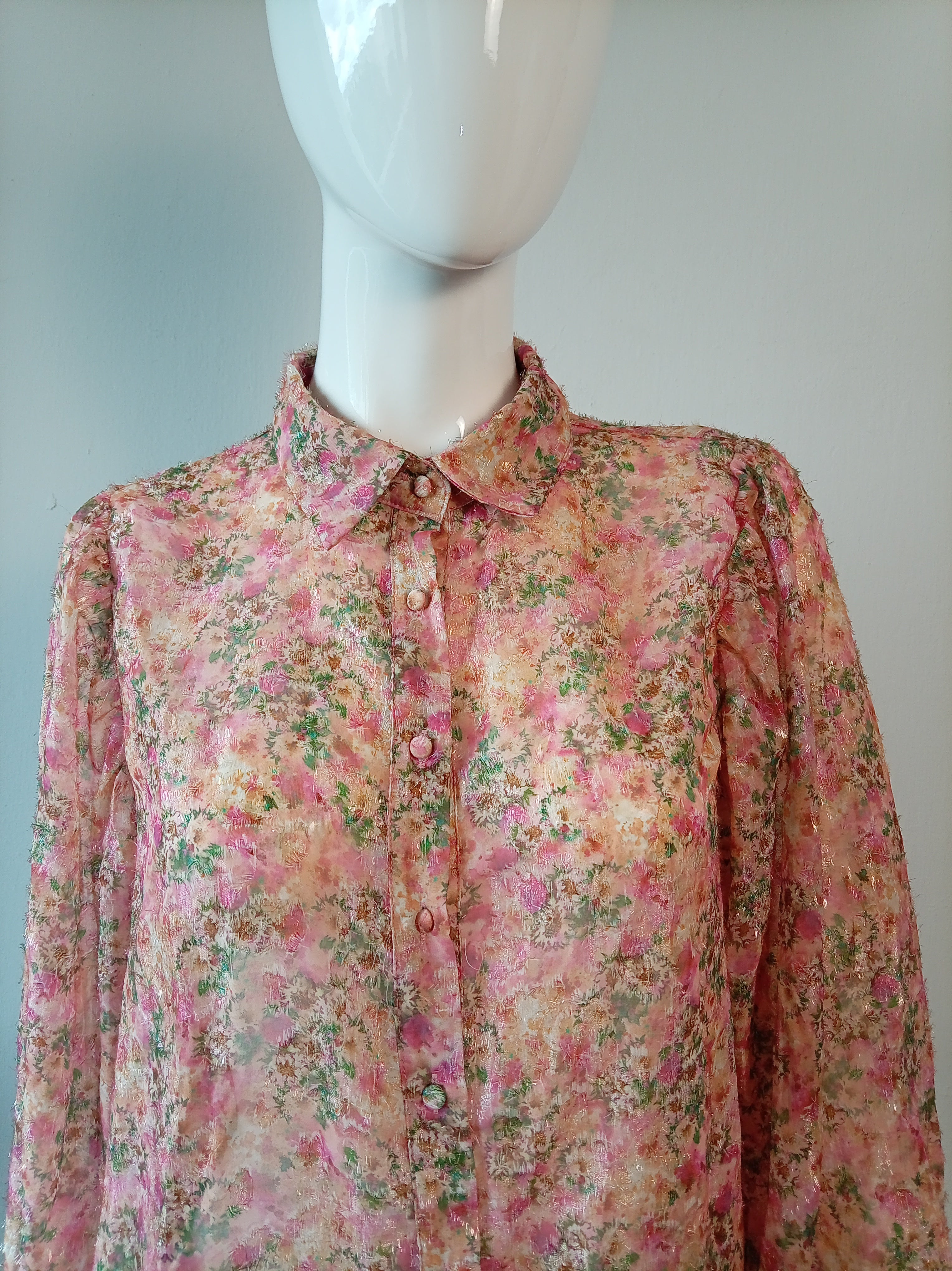 Vintage Inspired Pink Floral Shimmer Blouse | Puff Sleeve Sheer Top | Size M/L