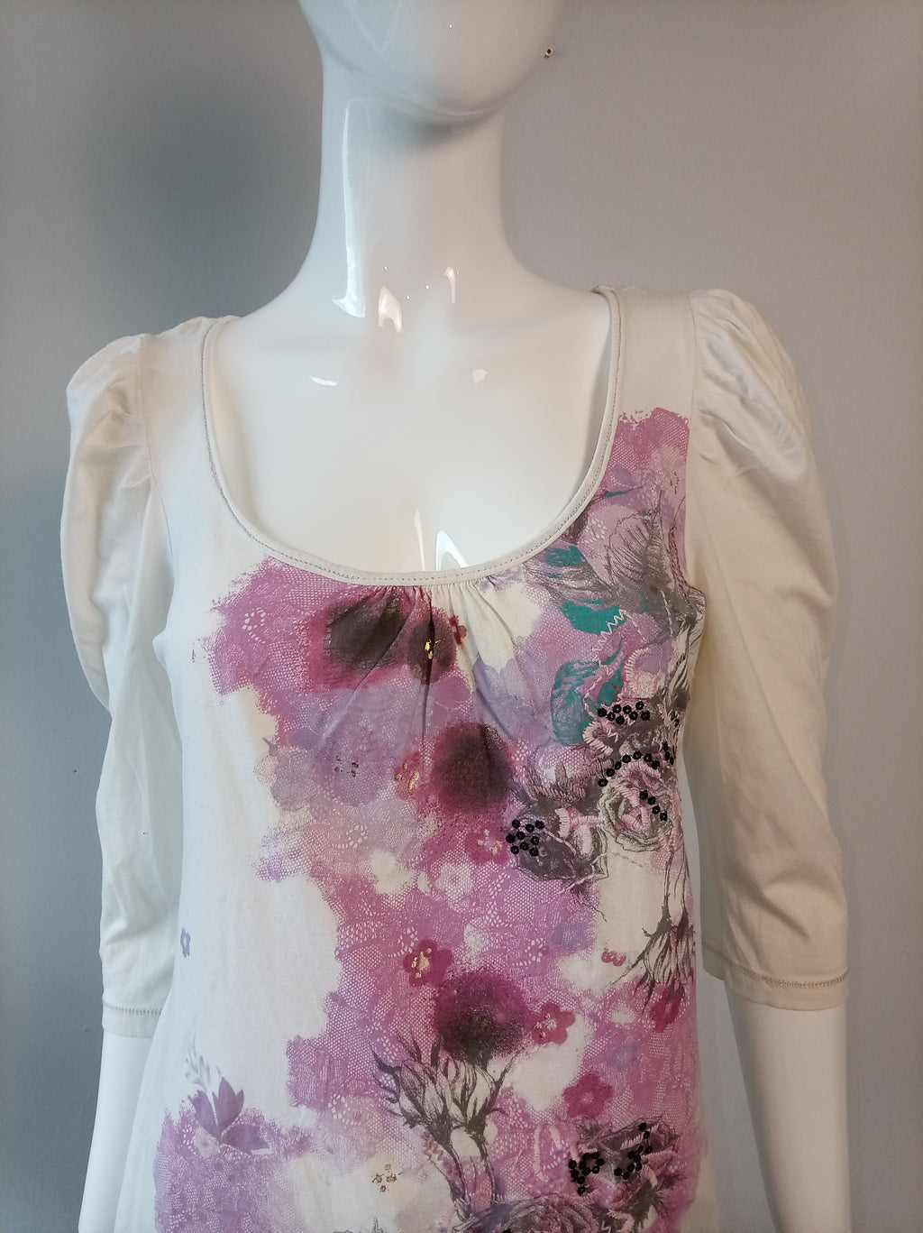 Vintage Next Cream Floral Puff Sleeve Top | UK 12