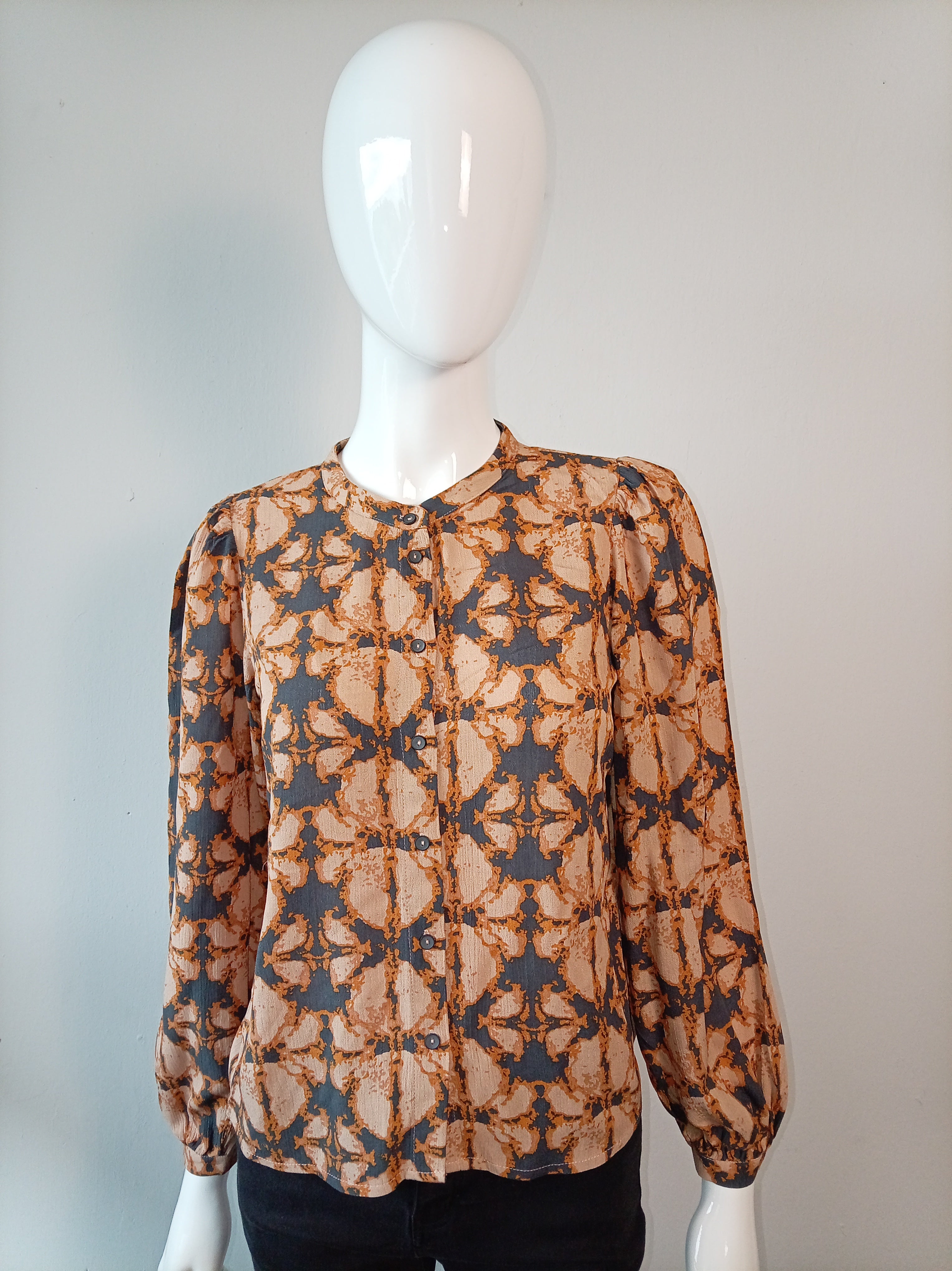BNWT By-Bar Girls Rikki Batik Blouse | Peach & Charcoal Print | Size 14