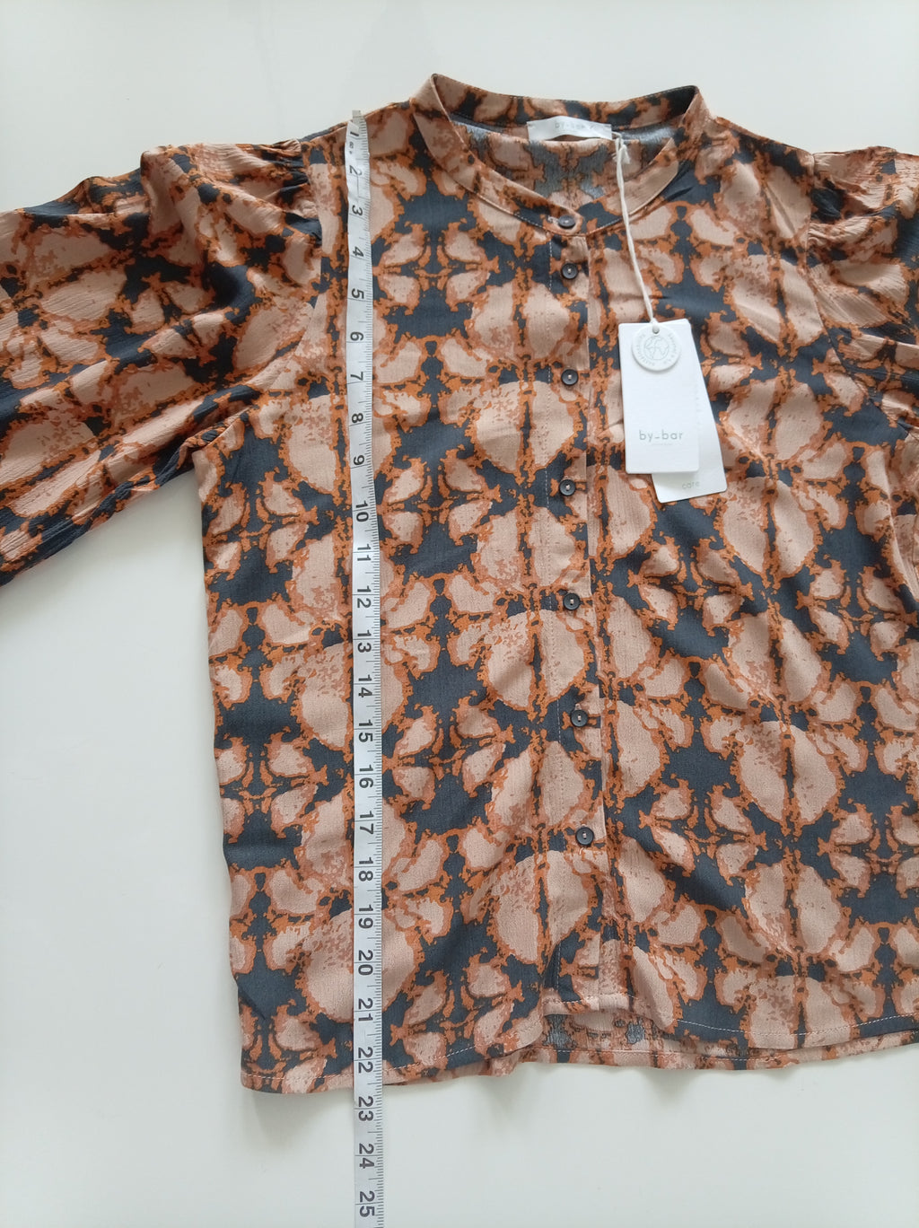 BNWT By-Bar Girls Rikki Batik Blouse | Peach & Charcoal Print | Size 14