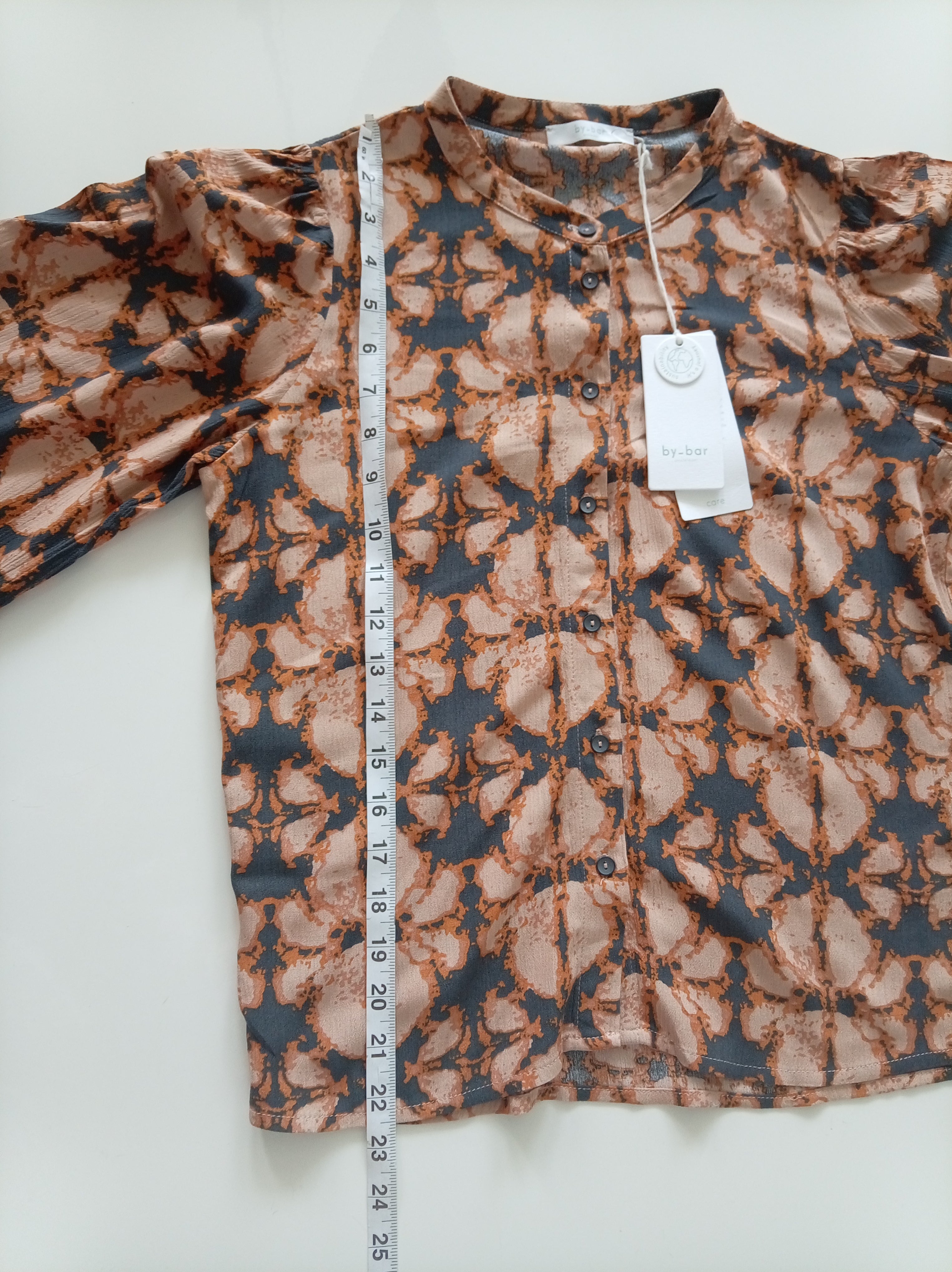 BNWT By-Bar Girls Rikki Batik Blouse | Peach & Charcoal Print | Size 14