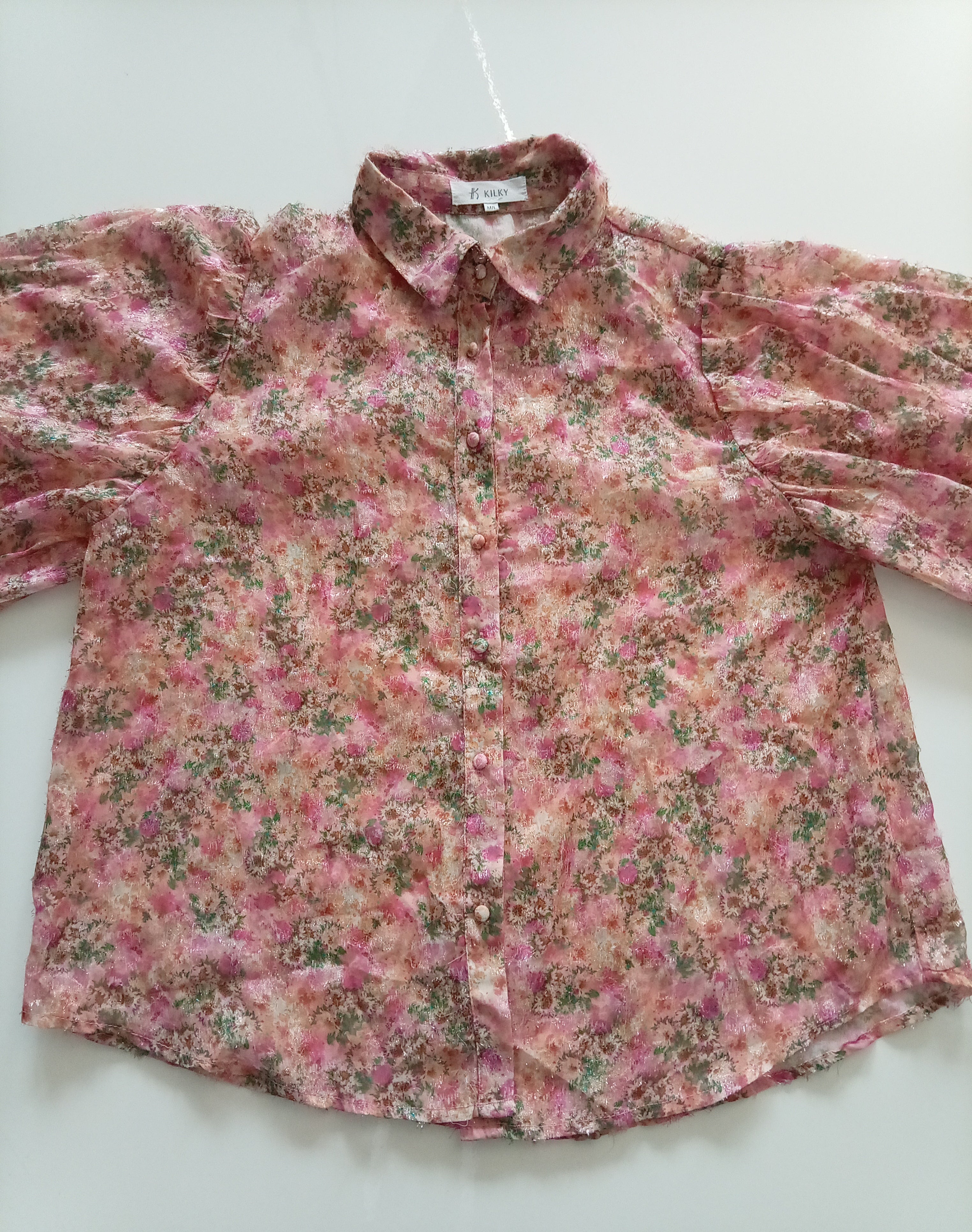 Vintage Inspired Pink Floral Shimmer Blouse | Puff Sleeve Sheer Top | Size M/L